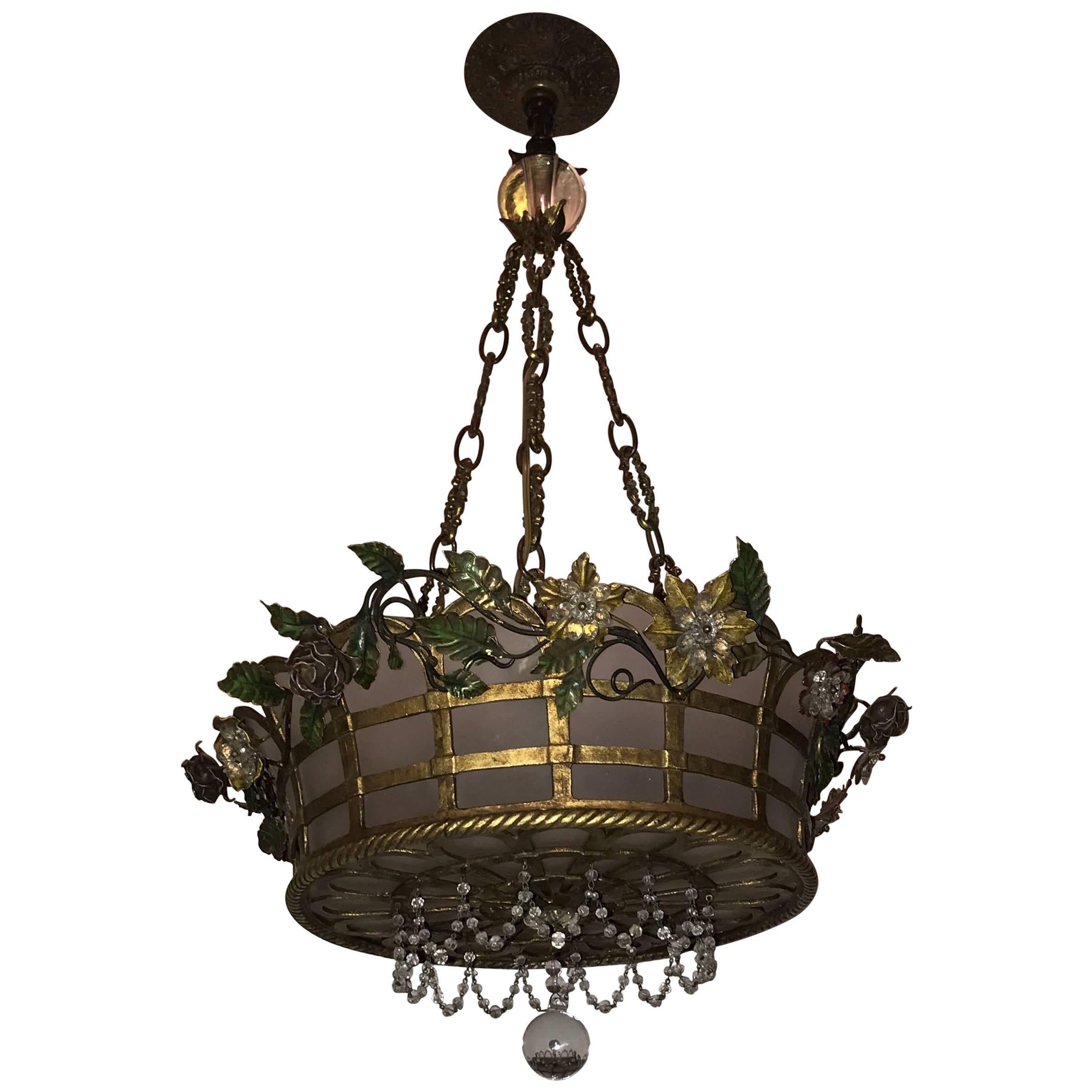 Wonderful French Bronze Frosted Glass Beaded Flower Basket Chandelier Fixture