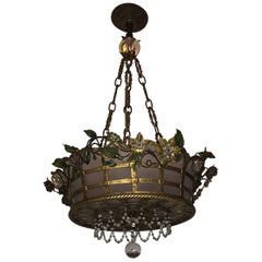 Wonderful French Bronze Frosted Glass Beaded Flower Basket Chandelier Fixture
