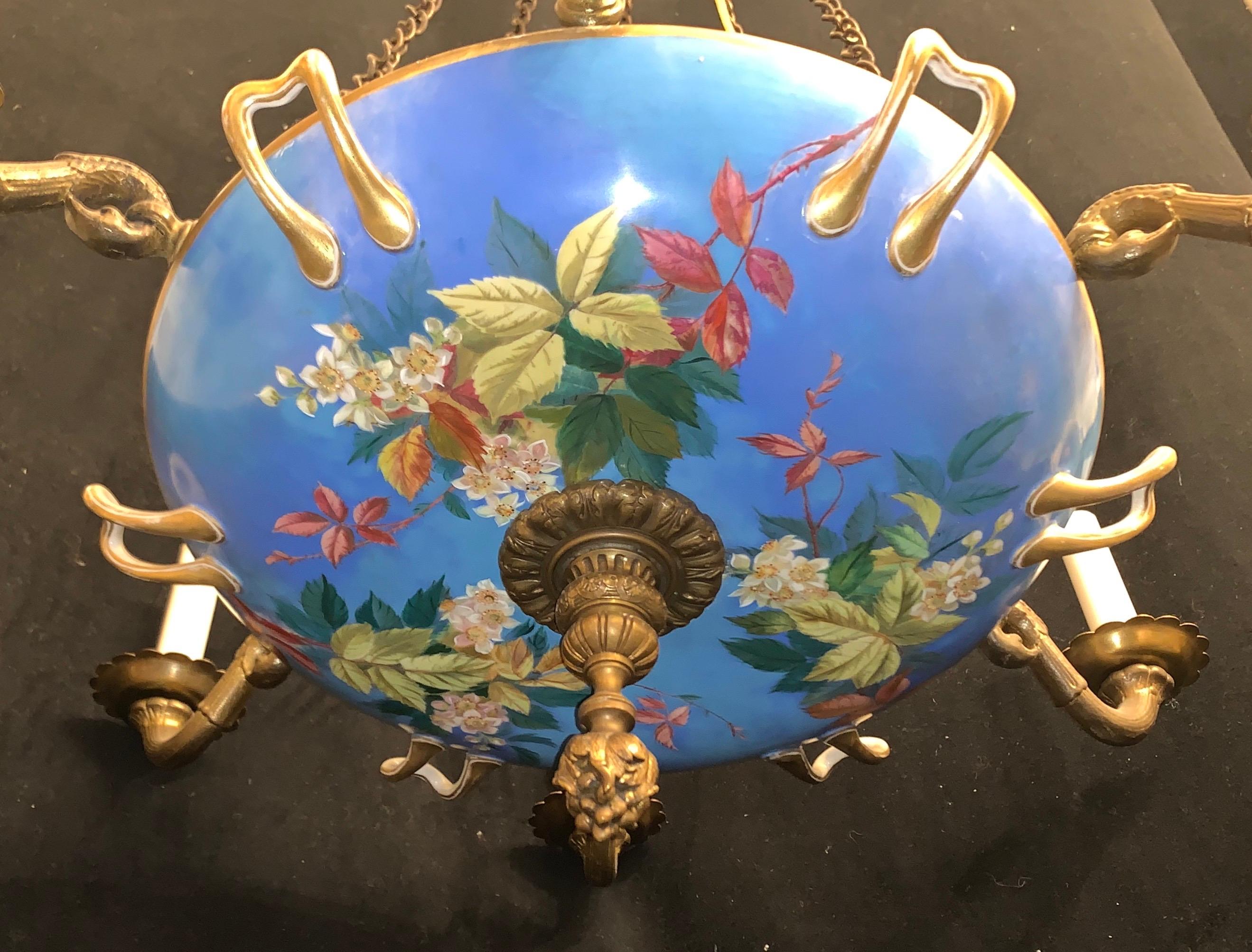 Hand-Painted Wonderful French Bronze Hand Painted Porcelain Chintz Bowl Old Paris Chandelier For Sale
