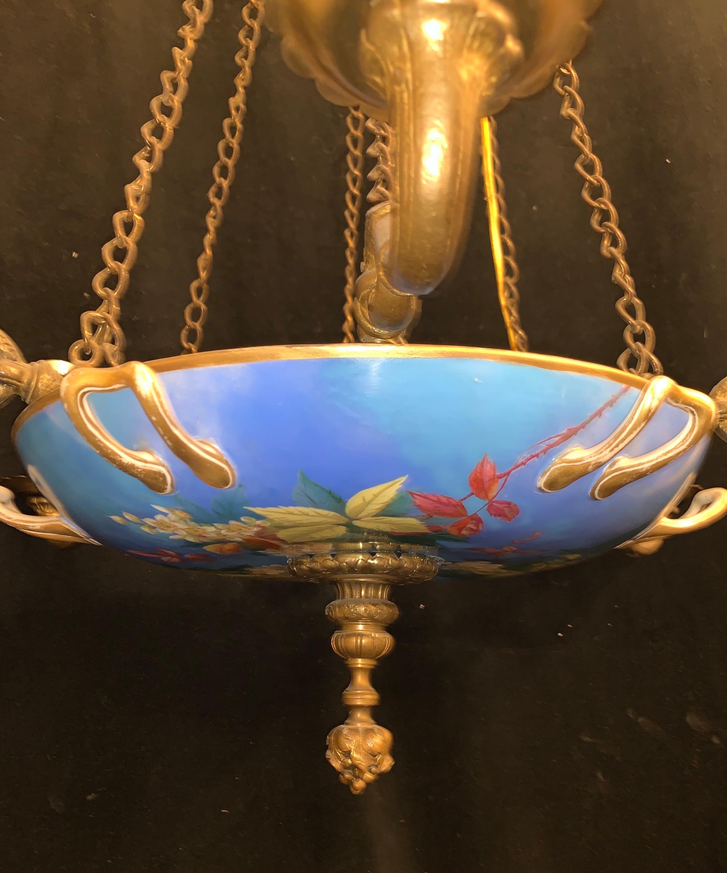 Wonderful French Bronze Hand Painted Porcelain Chintz Bowl Old Paris Chandelier In Good Condition For Sale In Roslyn, NY