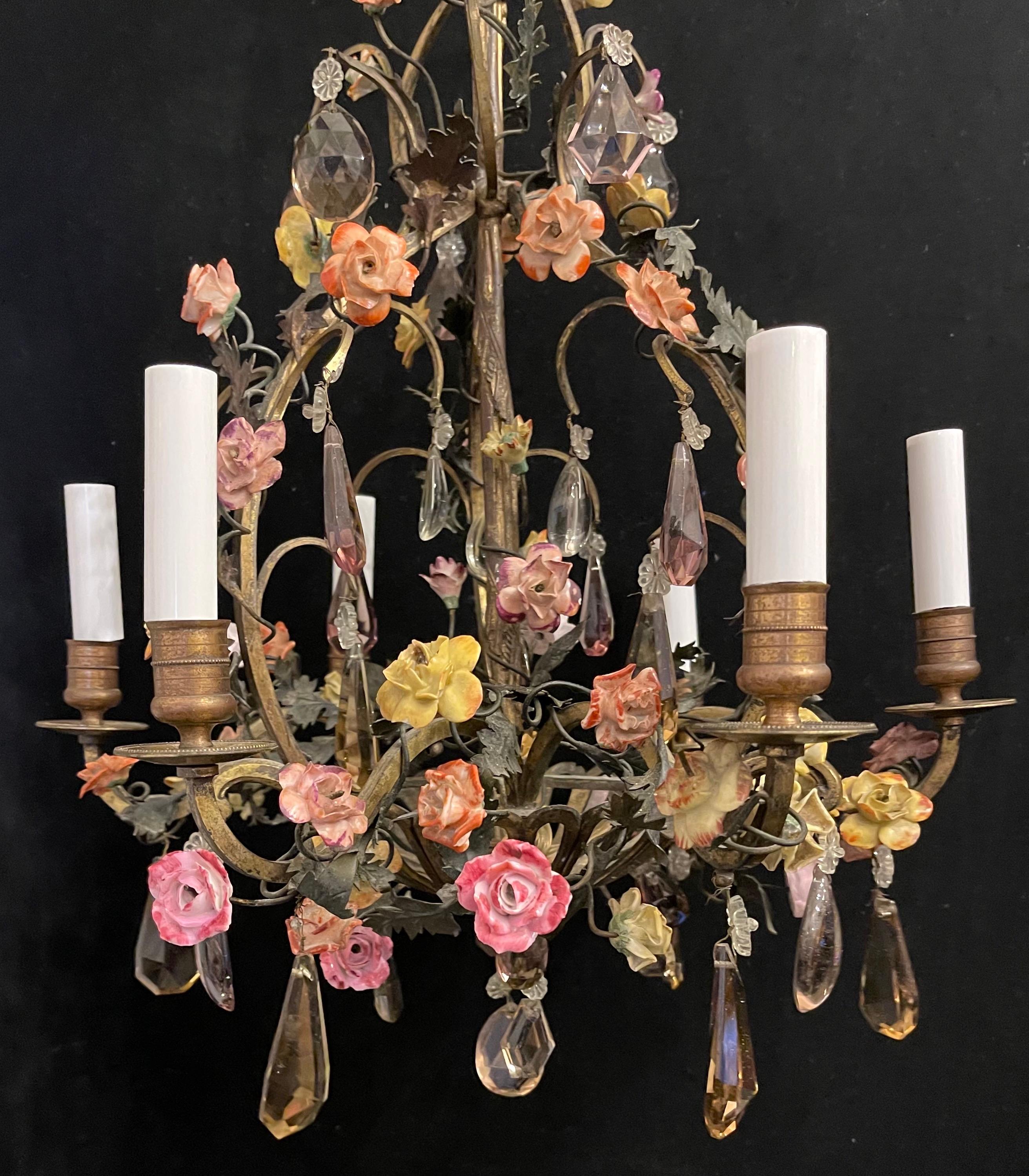 Wonderful French Bronze Louis XV Porcelain Flowers Basket Ribbon Top Chandelier For Sale 1