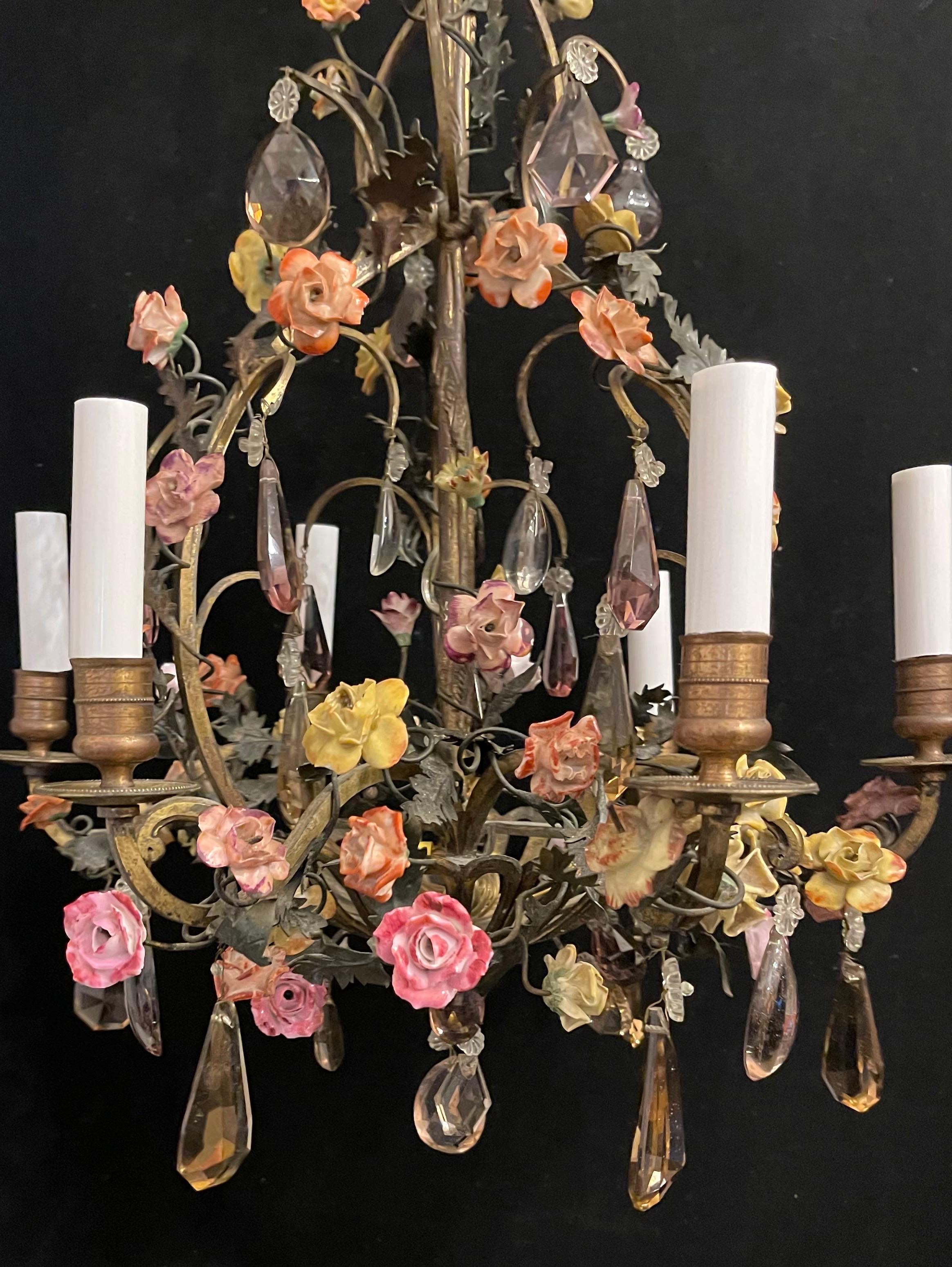 Wonderful French Bronze Louis XV Porcelain Flowers Basket Ribbon Top Chandelier For Sale 2
