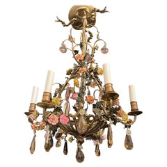 Wonderful French Bronze Louis XV Porcelain Flowers Basket Ribbon Top Chandelier