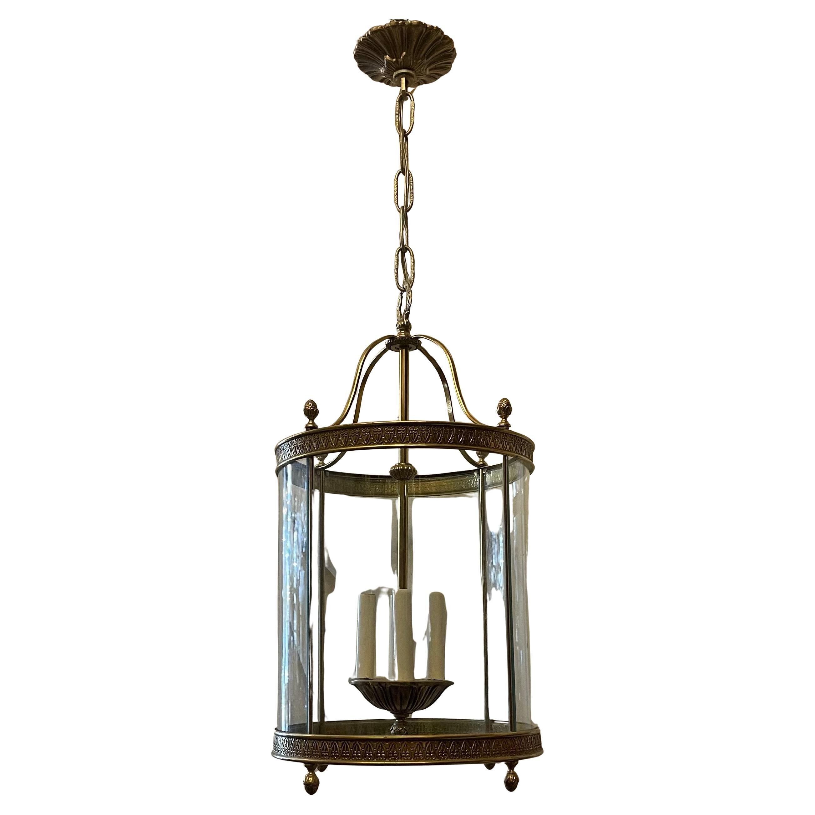 Wonderful French Bronze Louis XVI Regency Lantern Fixture Curved Glass Panels