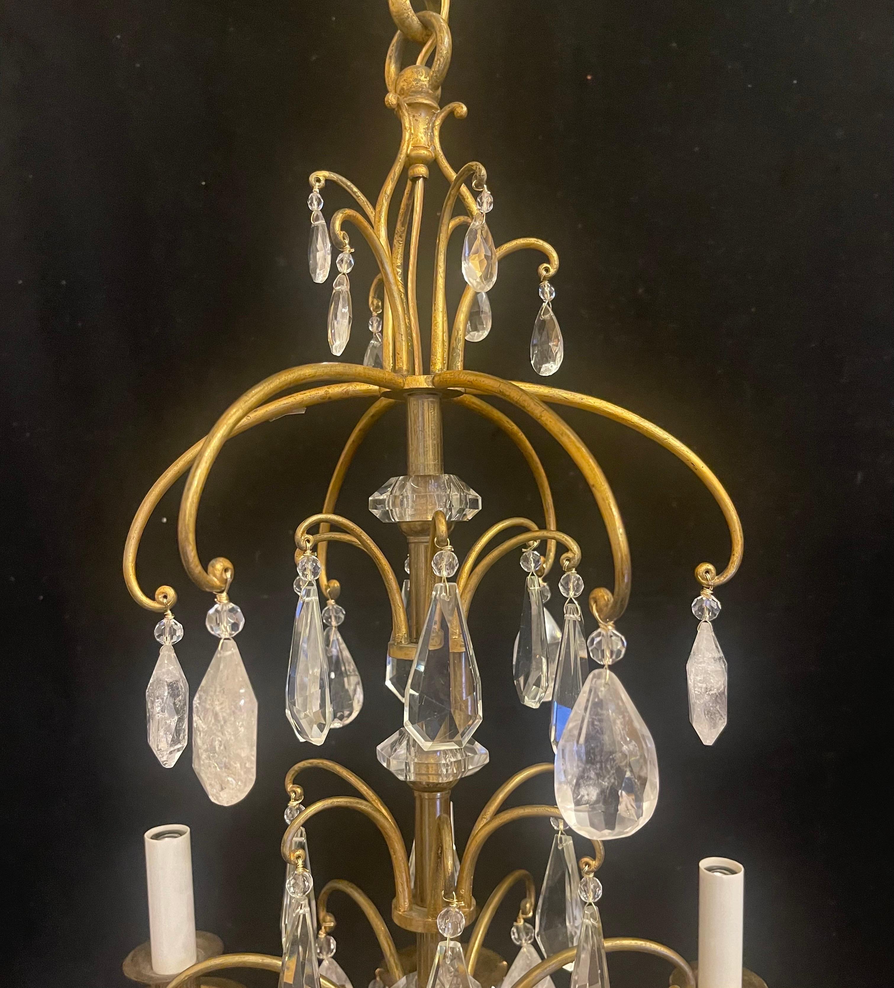 A Wonderful French Bronze Maison Bagues Style Rock Crystal And Alternating Crystal 6 Light Chandelier Completely Rewired And Ready To Hang With Chain Canopy And Mounting Hardware.