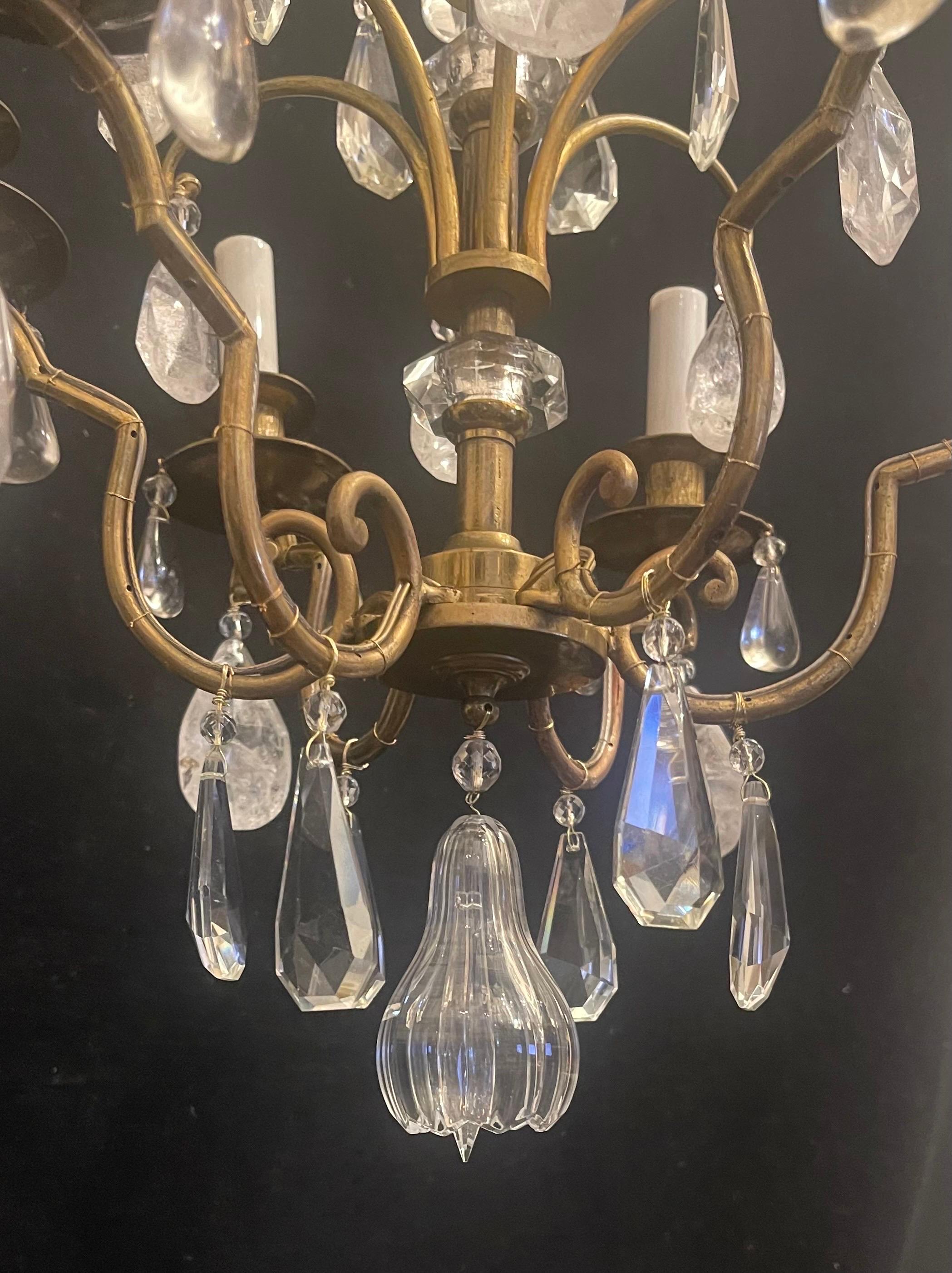Wonderful French Bronze Maison Bagues Rock Crystal 6 Light Chandelier Fixture In Good Condition In Roslyn, NY