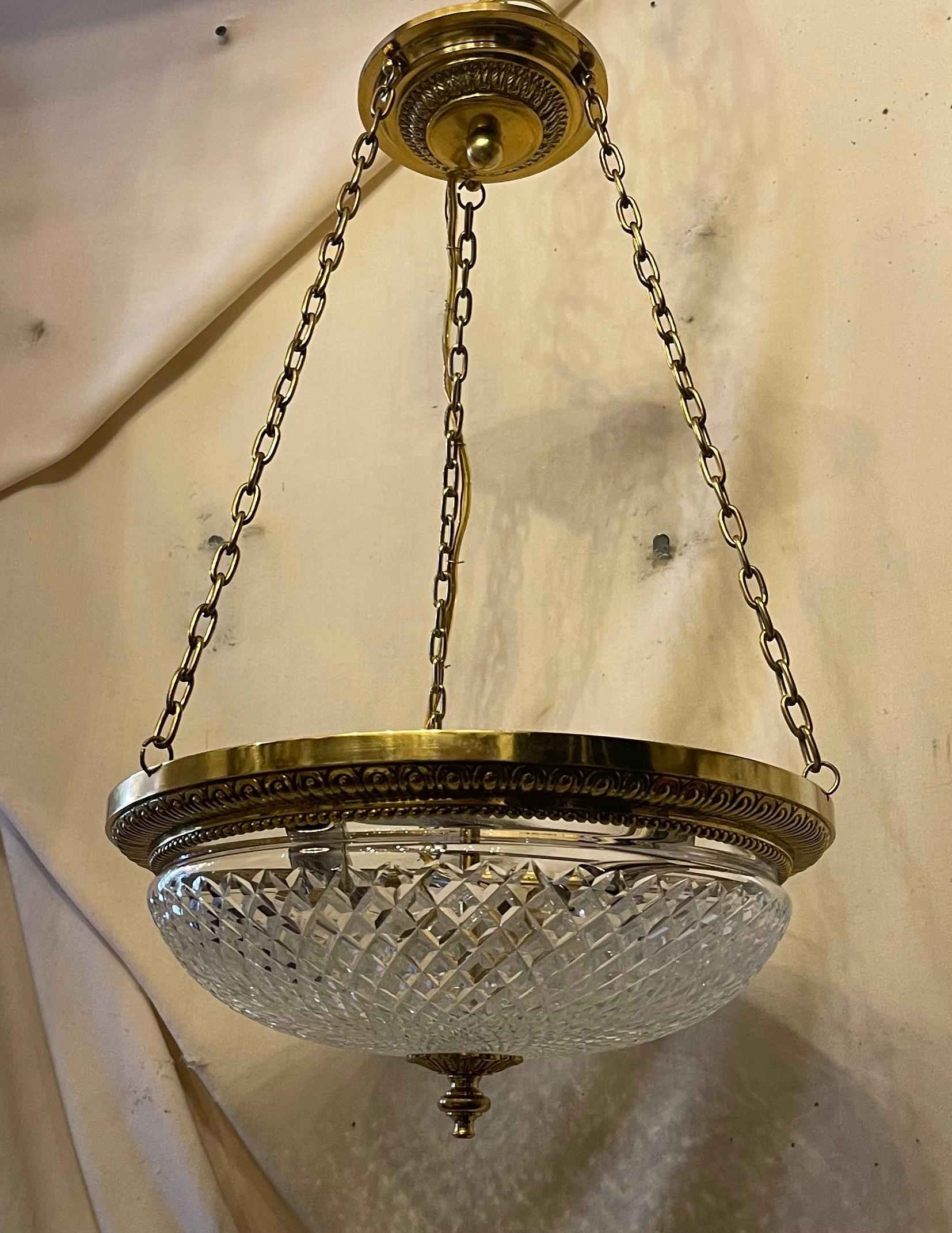 A Wonderful French Bronze Mounted With Diamond Faceted Cut Crystal Center Crystal Semi Flush Mount 3 Candelabra Light Fixture
The Height Is Adjustable By Adding Or Removing Chain.