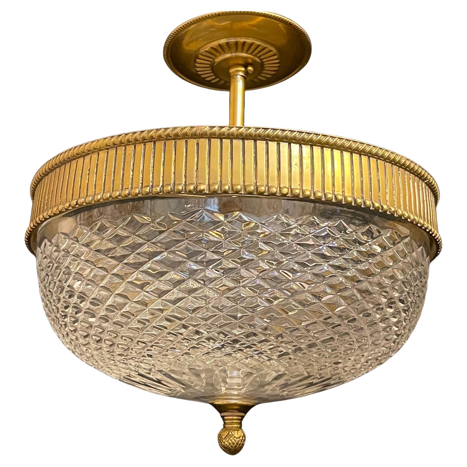 Wonderful French Bronze Mounted Diamond Cut Crystal Nestle Semi Flush Fixture