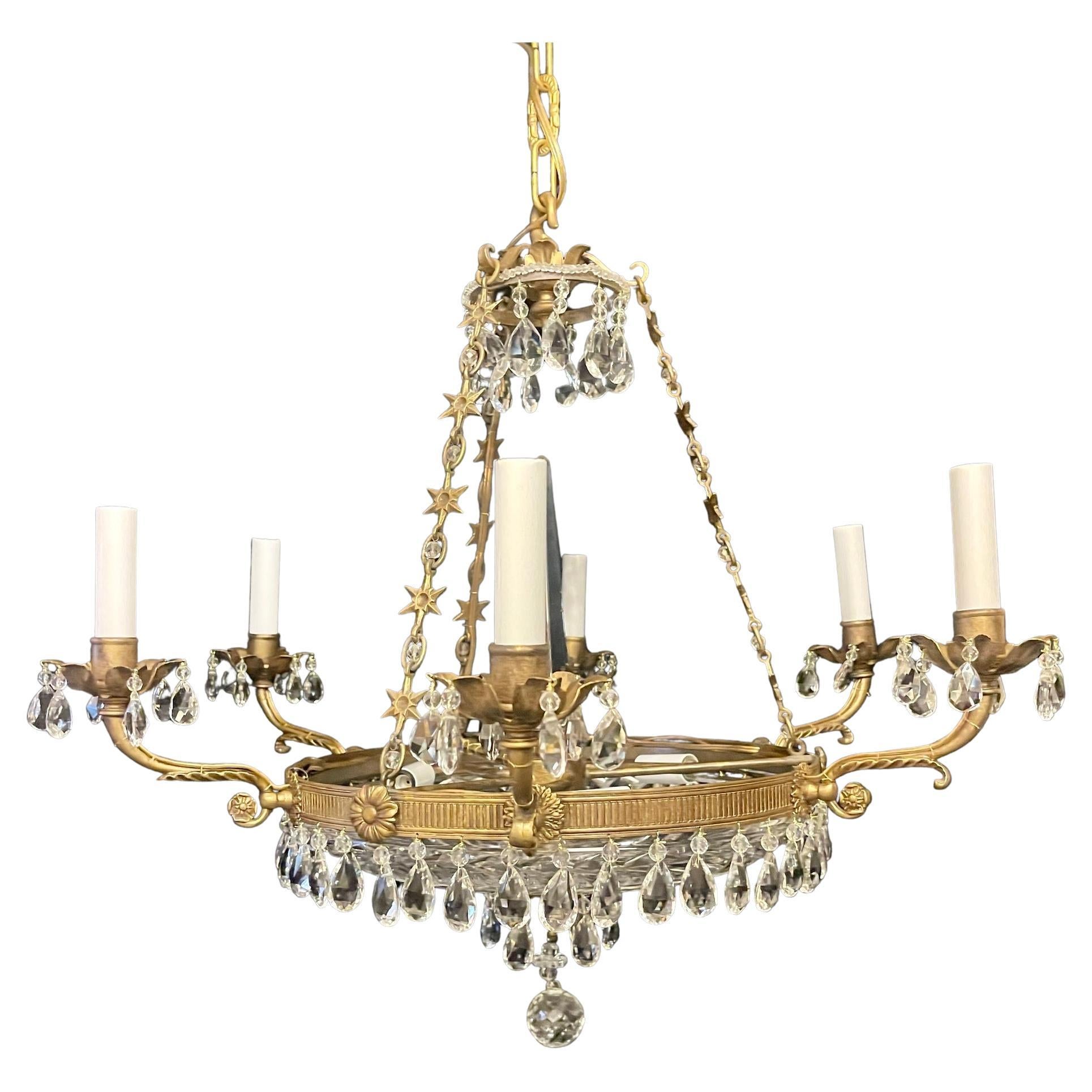 A Wonderful French Gilt Bronze Neoclassical / Baltic Six Candelabra Light Chandelier With Cut Crystal Center Bowl Having Three Internal Lights.
This Beautiful Fixture Has Been Completely Rewired With New Sockets And Comes With Chain Canopy And