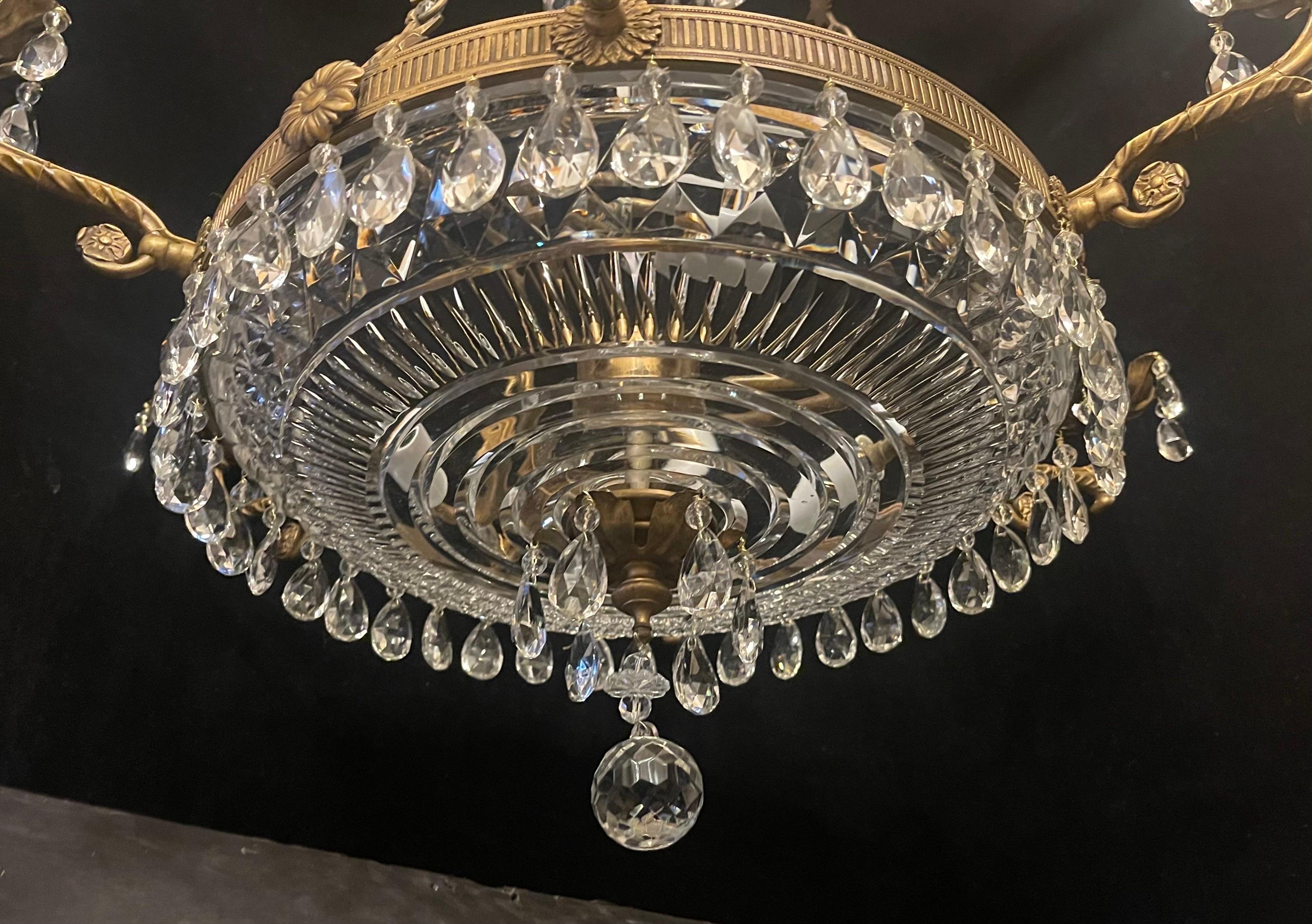 Faceted Wonderful French Bronze Neoclassical Baltic Cut Crystal Bowl Empire Chandelier For Sale