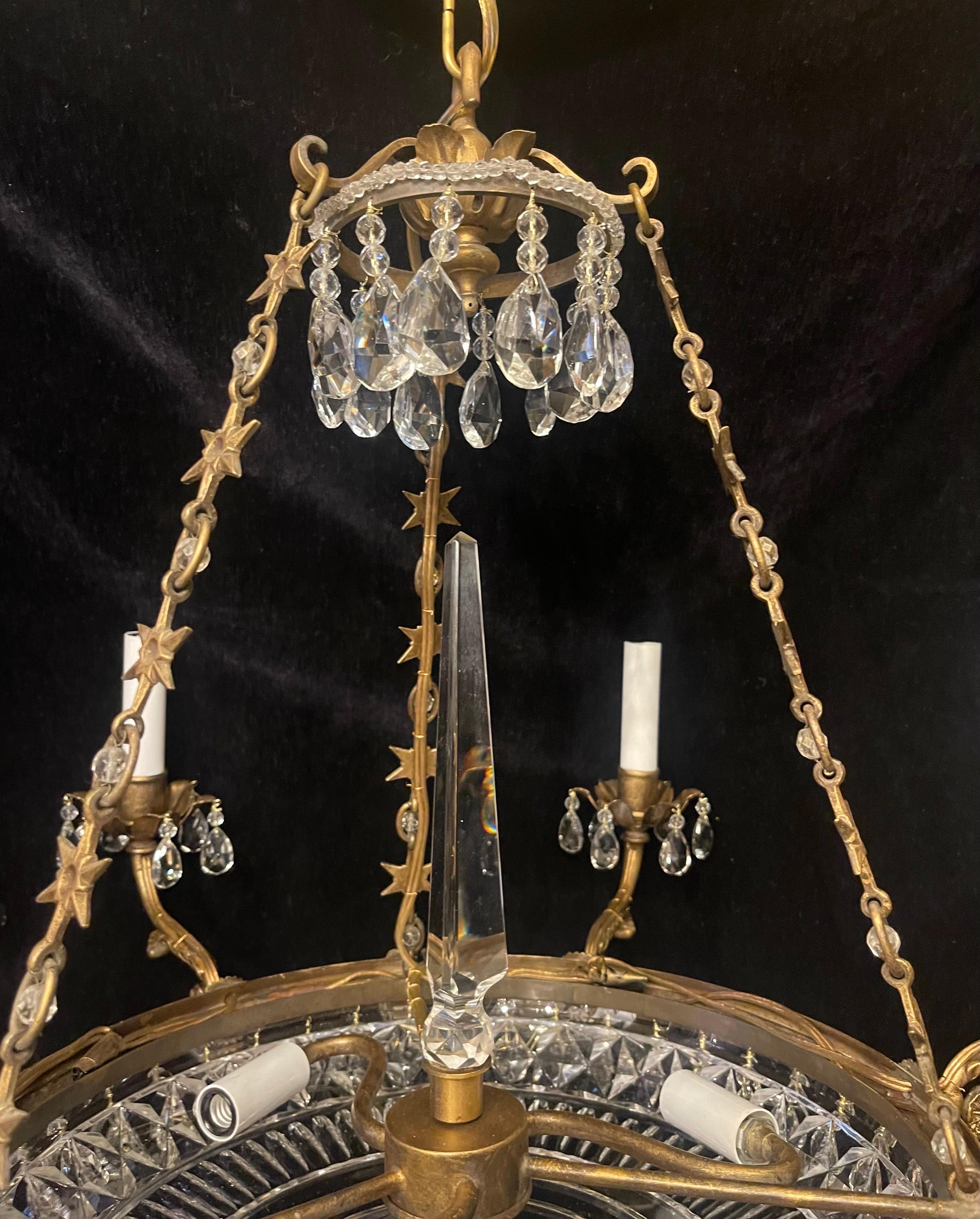 20th Century Wonderful French Bronze Neoclassical Baltic Cut Crystal Bowl Empire Chandelier For Sale