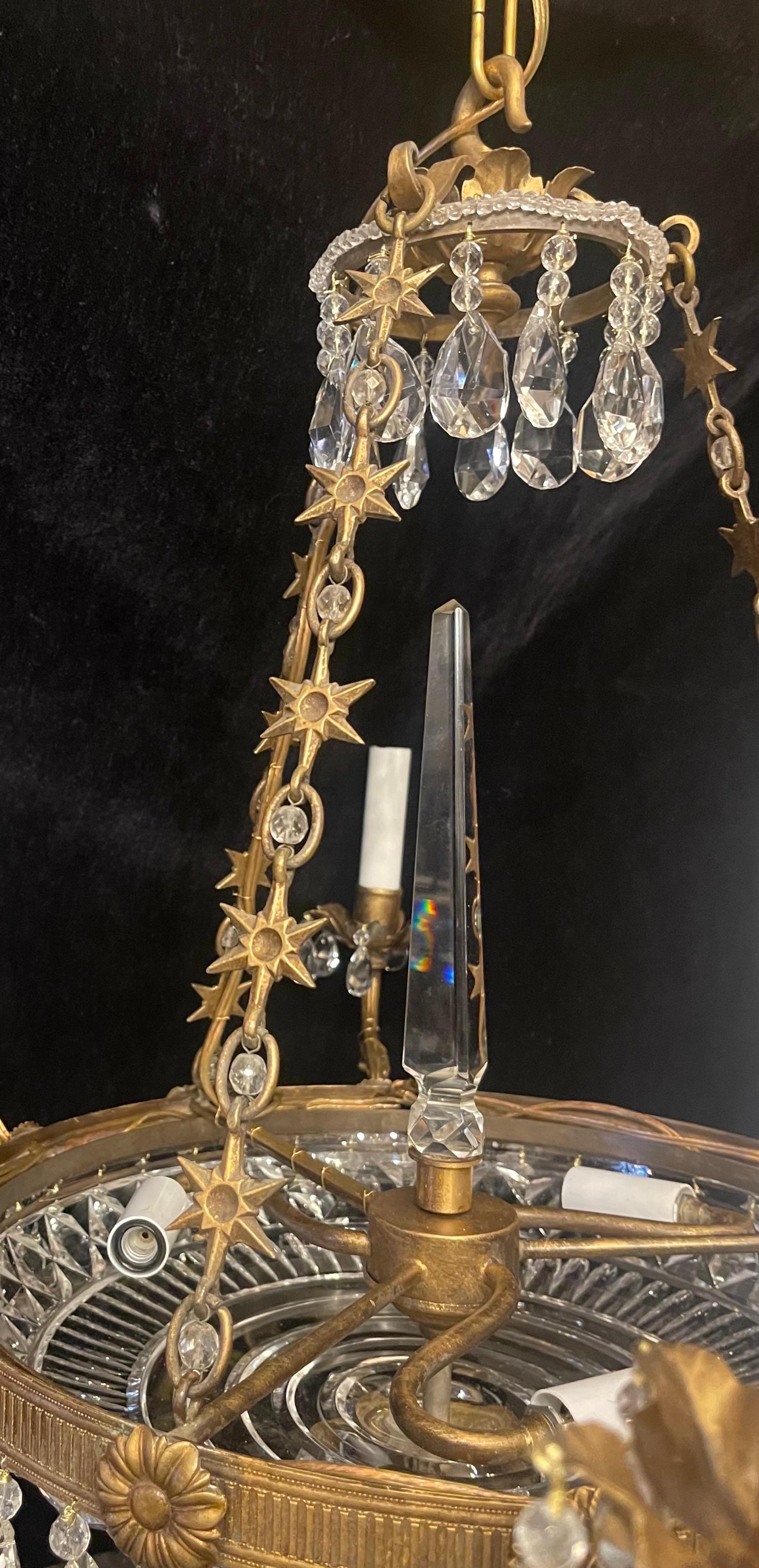 Wonderful French Bronze Neoclassical Baltic Cut Crystal Bowl Empire Chandelier For Sale 2