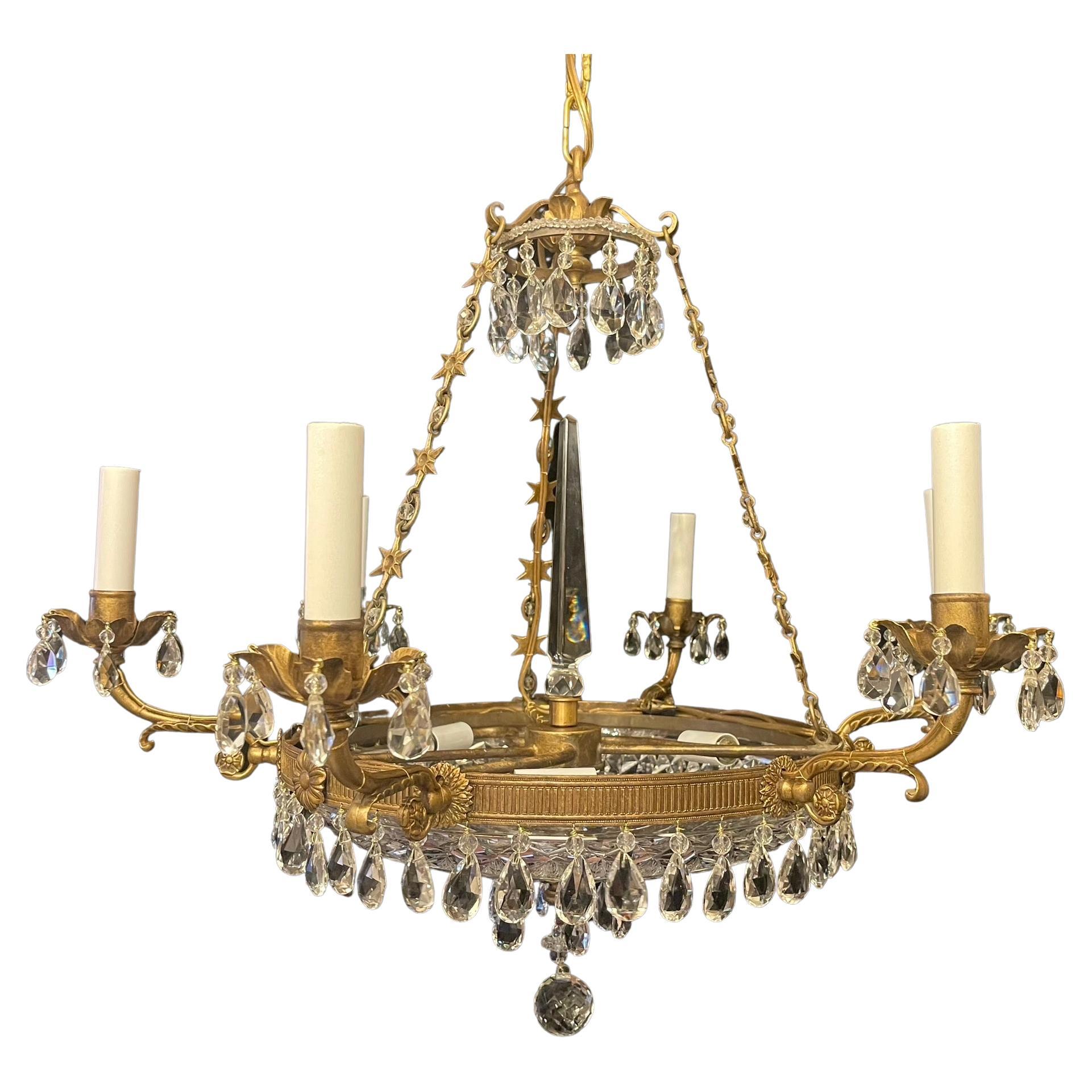 Wonderful French Bronze Neoclassical Baltic Cut Crystal Bowl Empire Chandelier For Sale