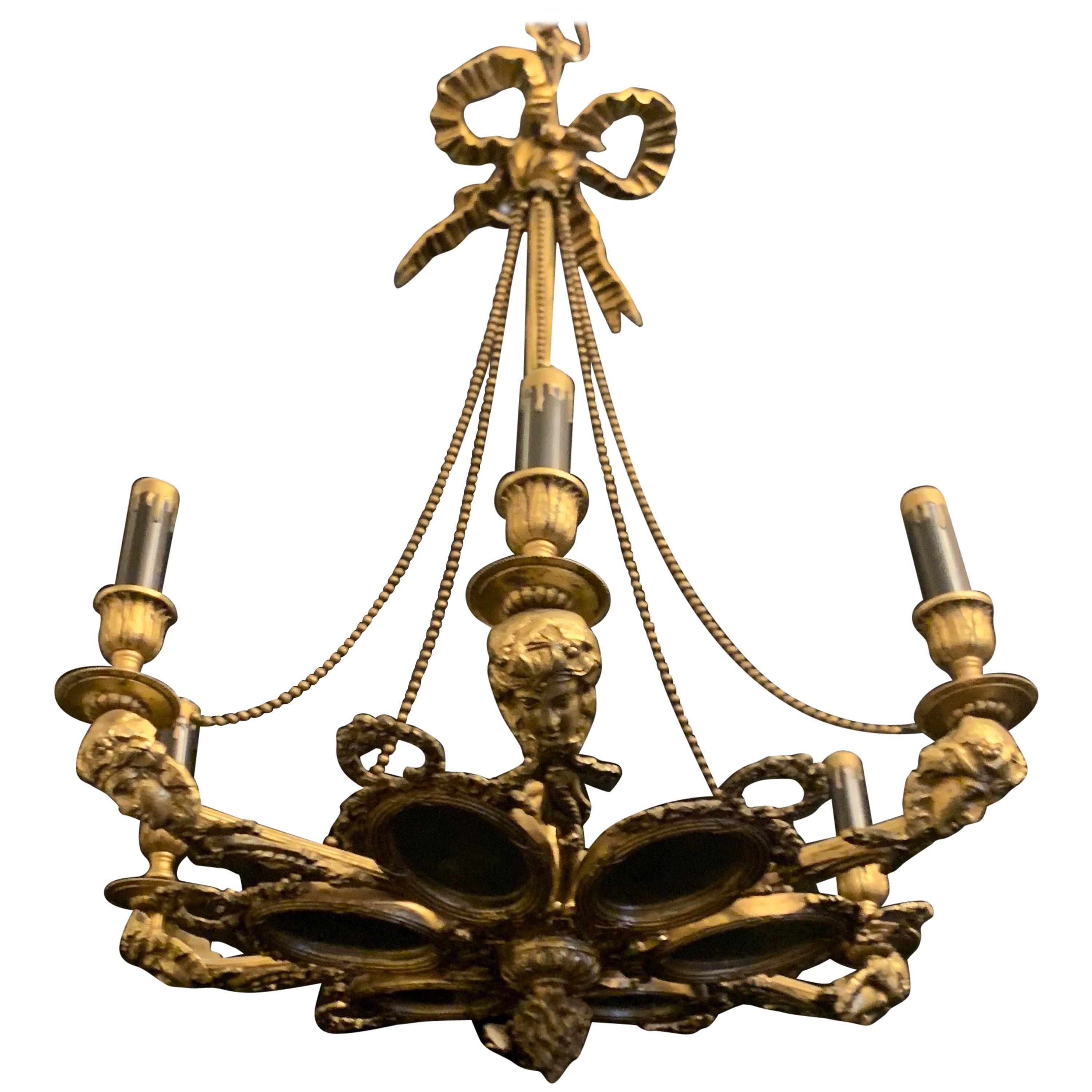 Wonderful French Bronze Oval Mirror Panel Figural Bow Top Ormolu Swag Chandelier For Sale