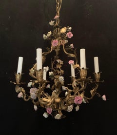 Wonderful French Bronze Porcelain Flower Bouquet Basket Cage Tole Chandelier