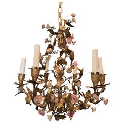 Wonderful French Bronze Porcelain Flower Bouquet Basket Cage Tole Chandelier