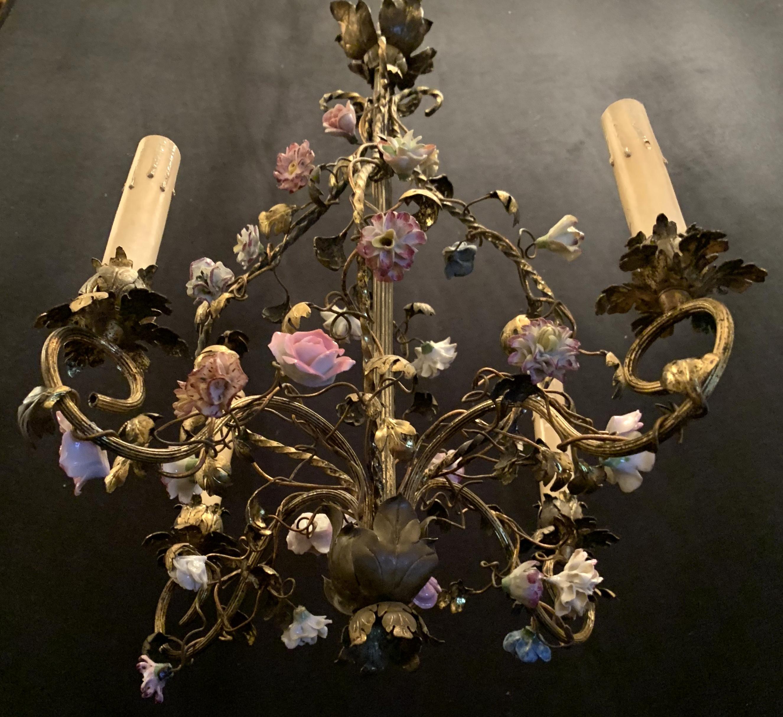 20th Century Wonderful French Bronze Porcelain Flower Four-Light Cage Basket Form Chandelier