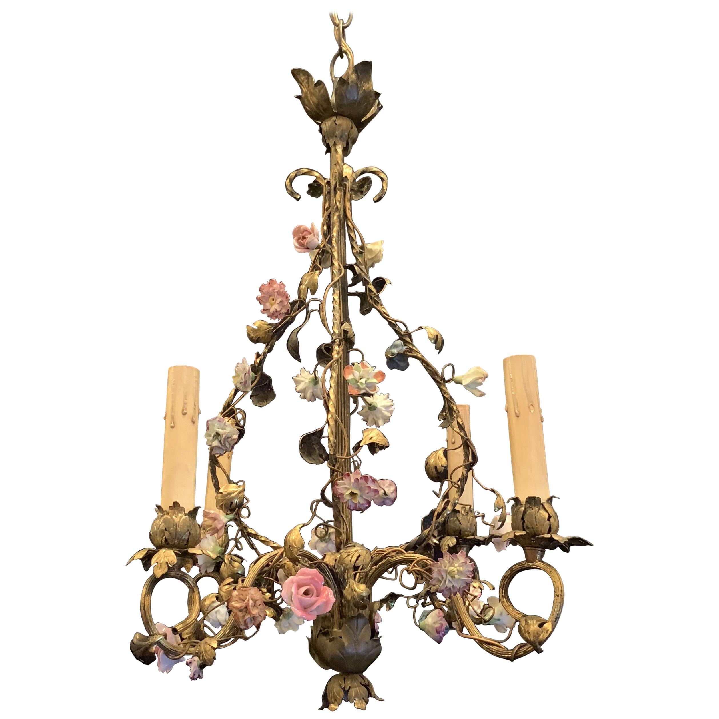 Wonderful French Bronze Porcelain Flower Four-Light Cage Basket Form Chandelier