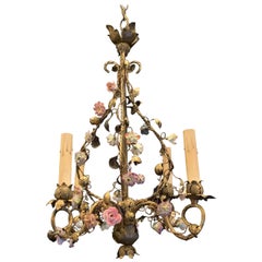 Wonderful French Bronze Porcelain Flower Four-Light Cage Basket Form Chandelier