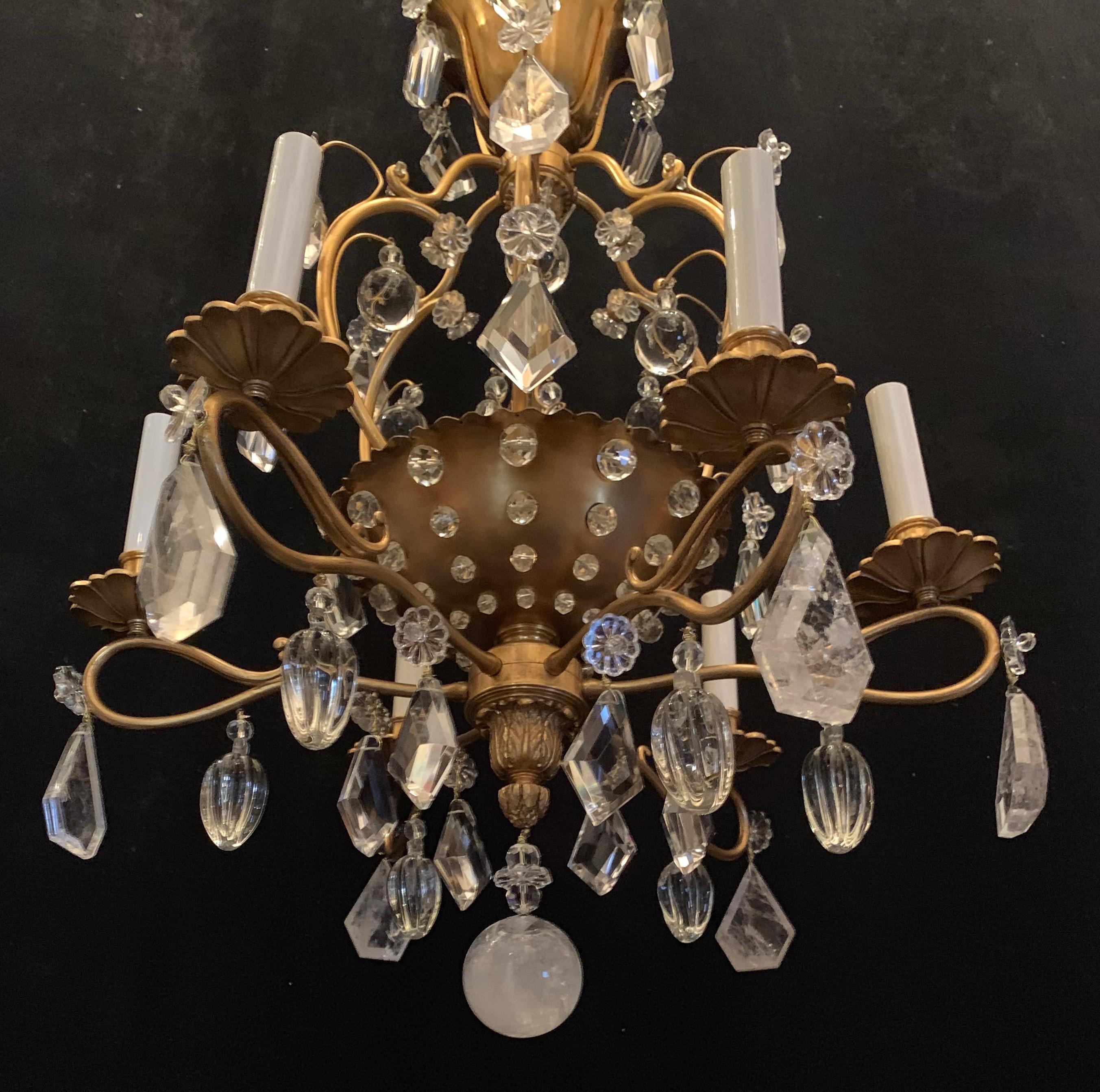 Gilt Wonderful French Bronze Rock Crystal Beaded Baguès Chandelier Basket Fixture For Sale