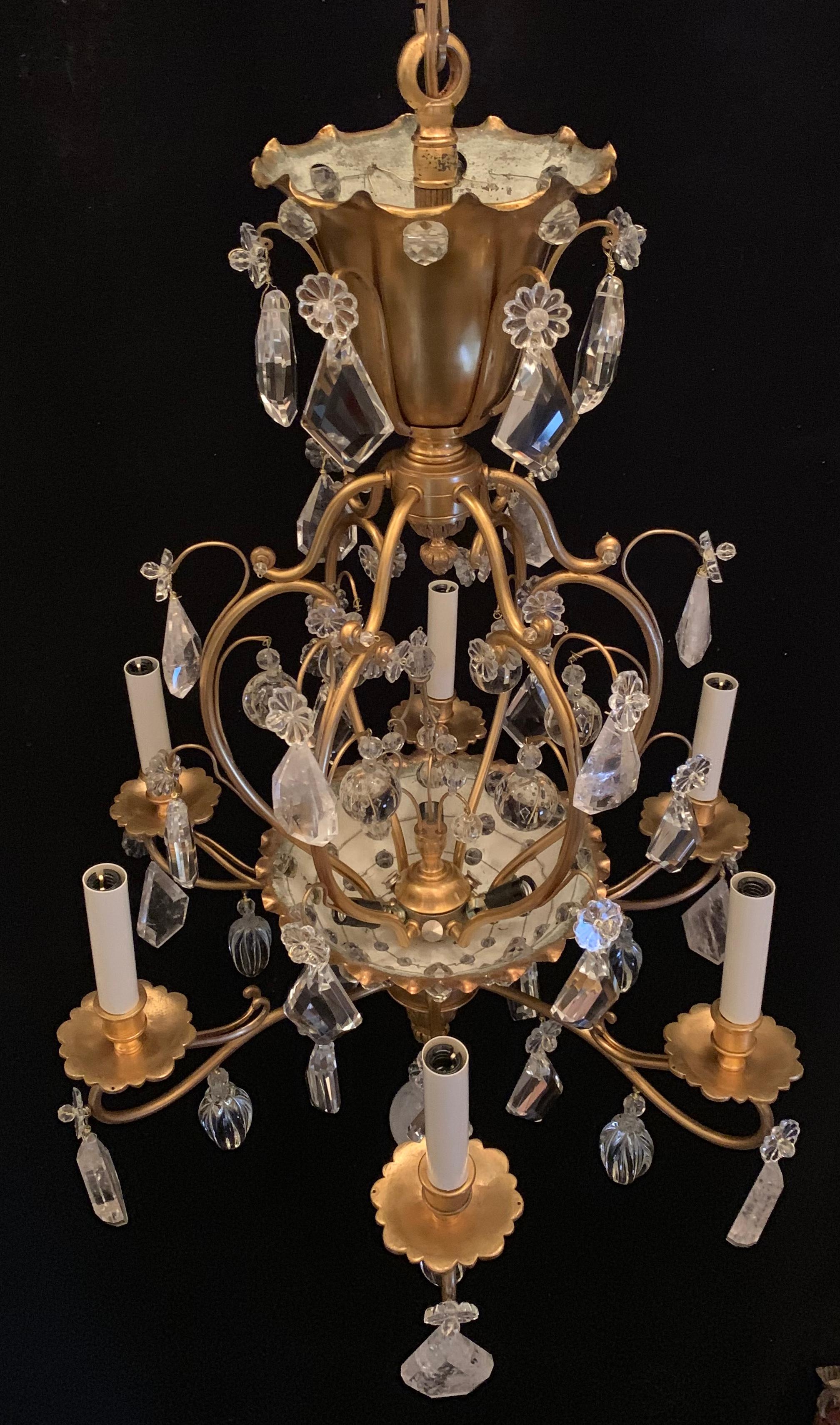 Wonderful French Bronze Rock Crystal Beaded Baguès Chandelier Basket Fixture In Good Condition For Sale In Roslyn, NY