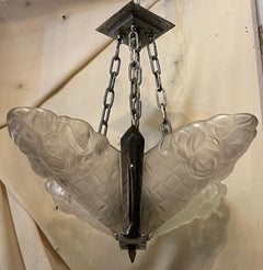 Wonderful French Degue Art Deco Frosted Art Glass Polished Nickel Chandelier