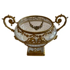 Wonderful French Doré Bronze Cherub Oval Diamond Crystal Ormolu Centerpiece Bowl