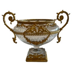 Wonderful French Doré Bronze Cherub Oval Diamond Crystal Ormolu Centerpiece Bowl
