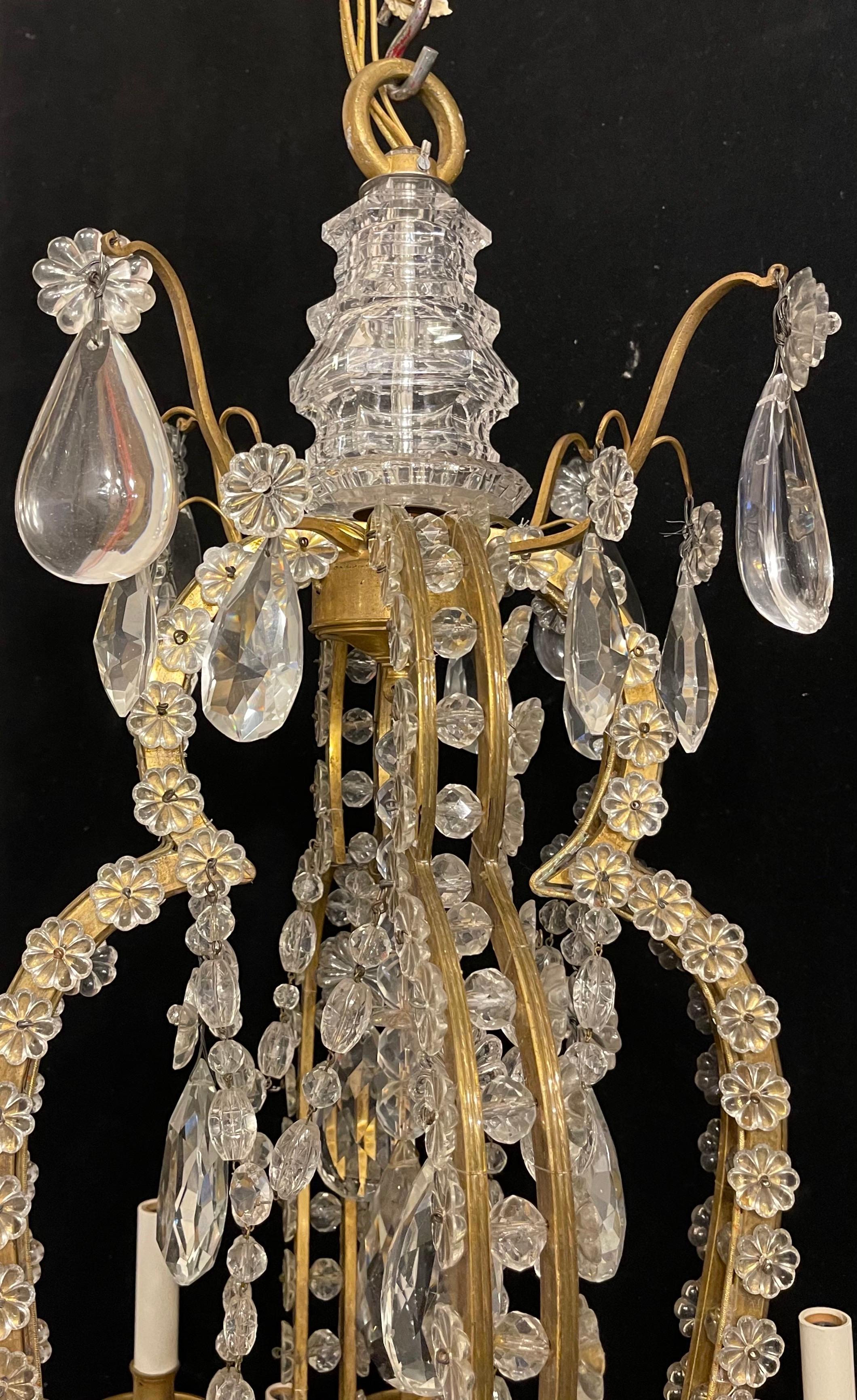 Gilt Wonderful French Dore Bronze Crystal Flower Beaded Swag Bagues Nestle Chandelier For Sale