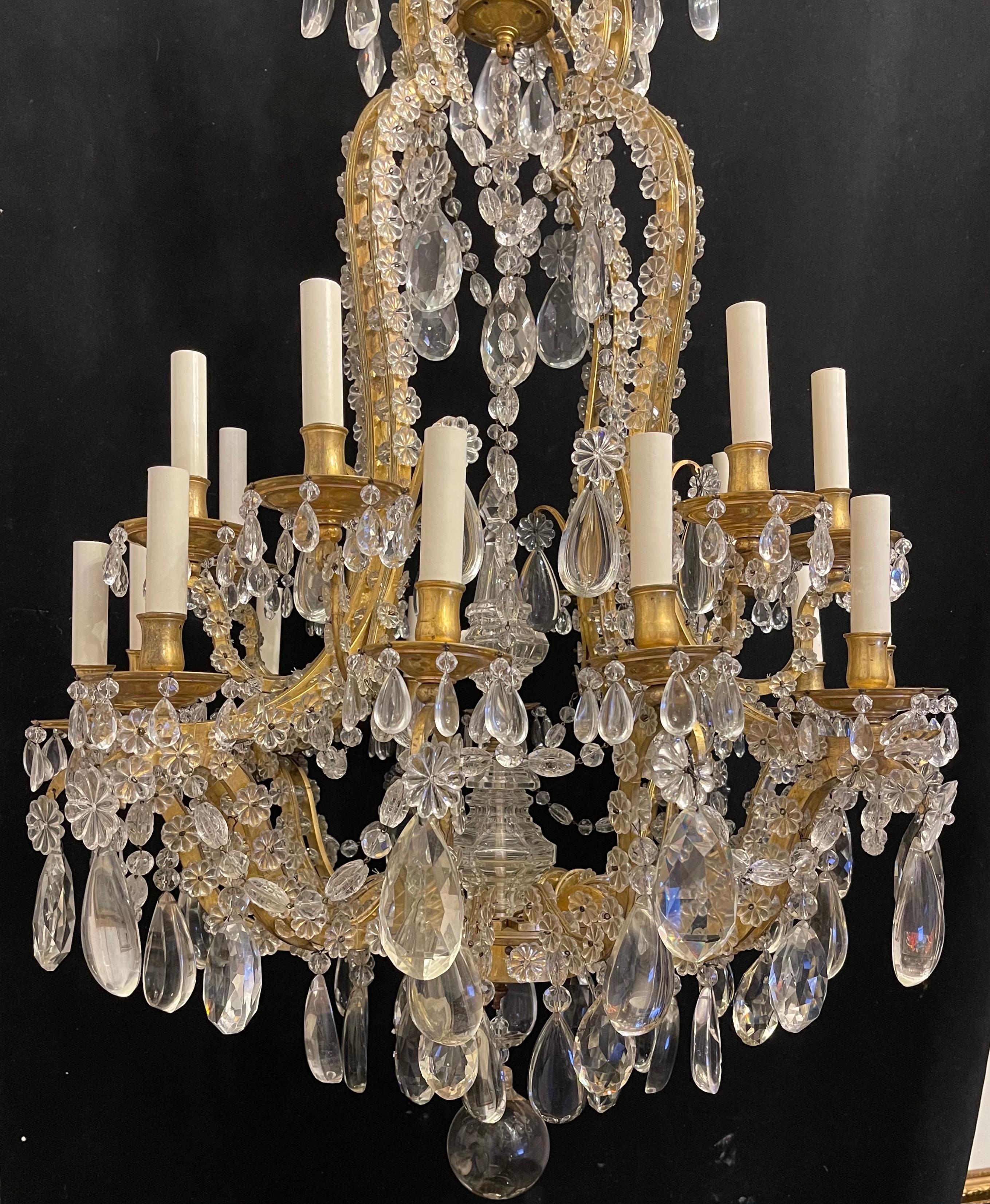 20th Century Wonderful French Dore Bronze Crystal Flower Beaded Swag Bagues Nestle Chandelier For Sale