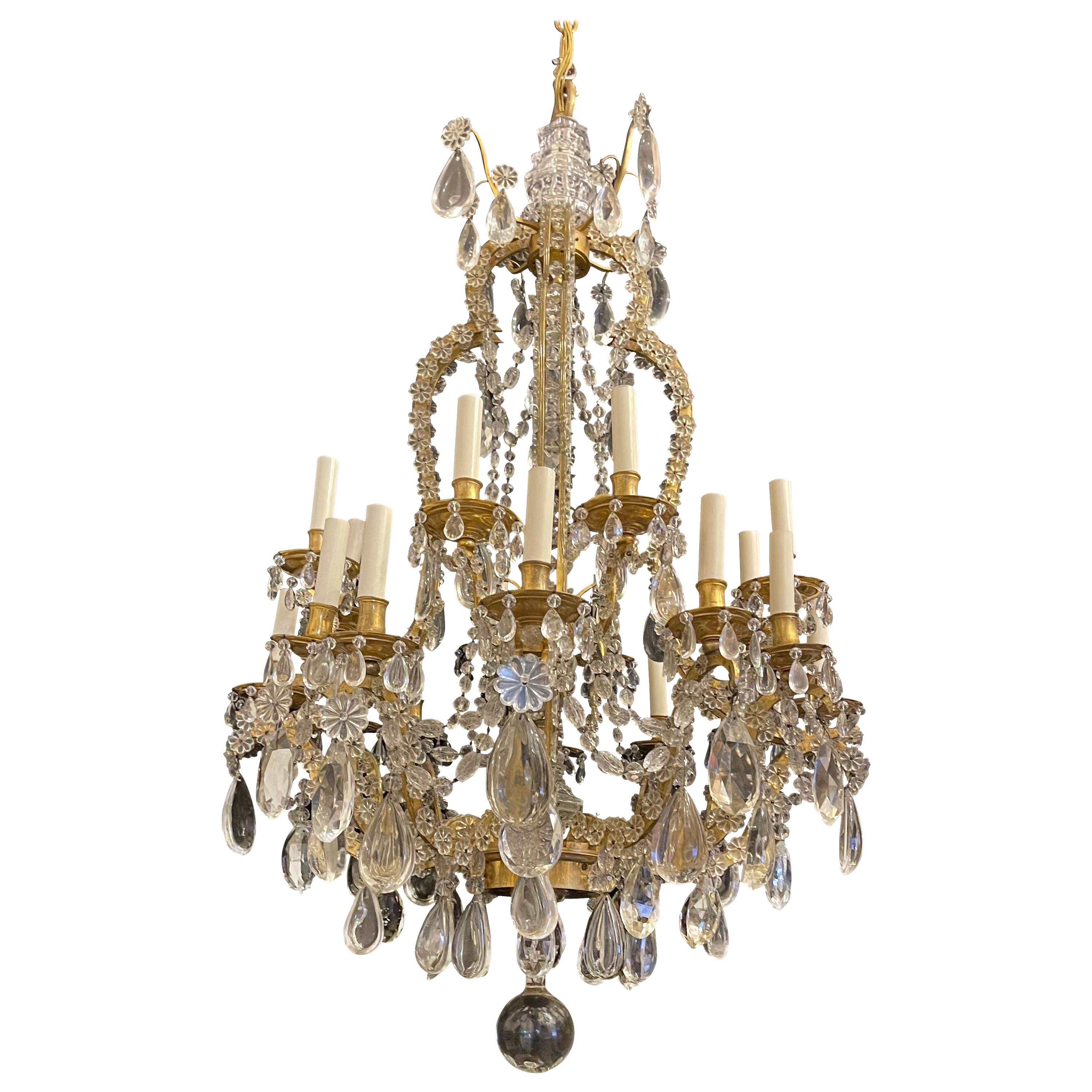 Wonderful French Dore Bronze Crystal Flower Beaded Swag Bagues Nestle Chandelier For Sale