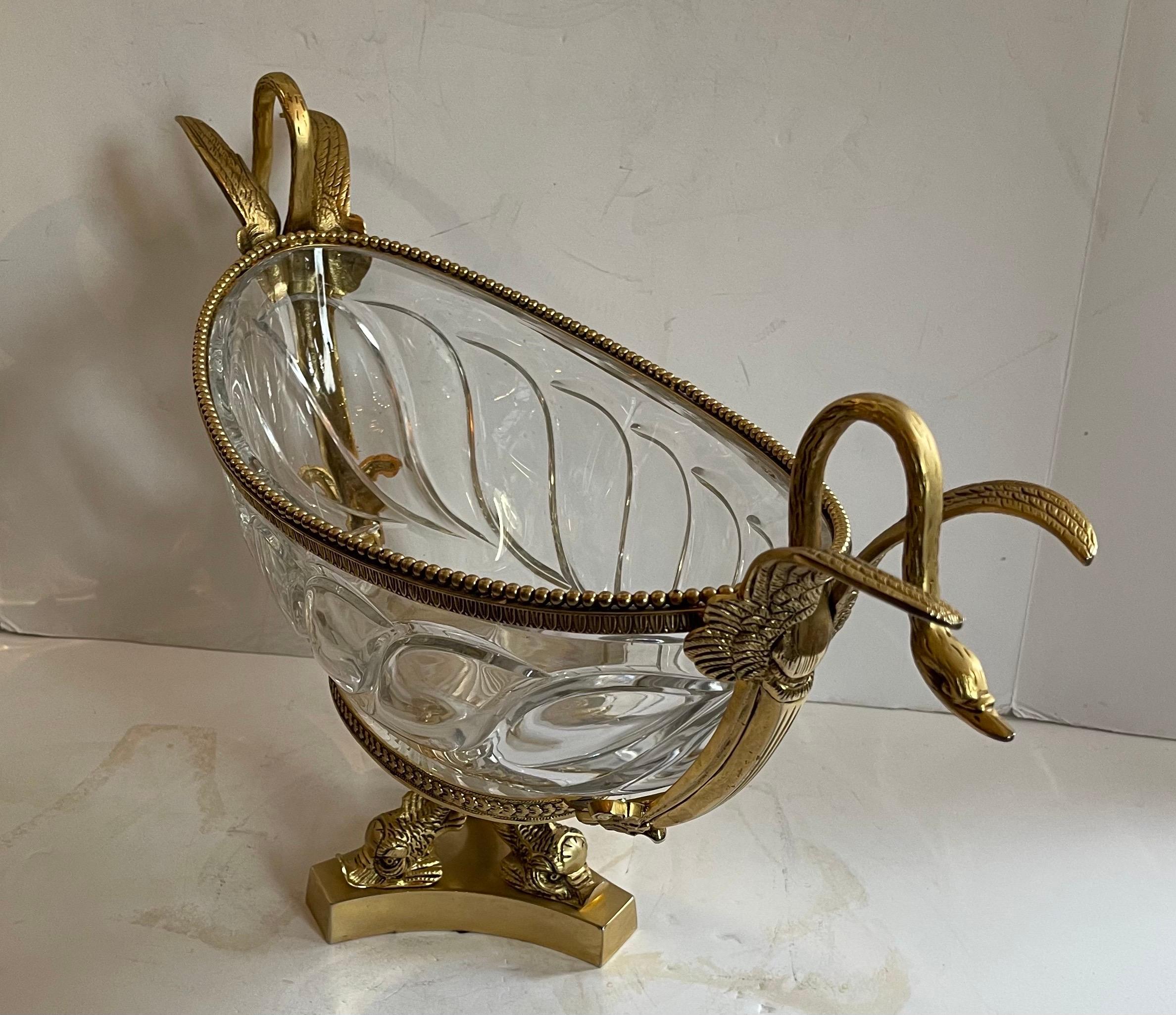 Belle Époque Wonderful French Doré Bronze Crystal Ormolu Swan Centerpiece Dolphin Pedestal