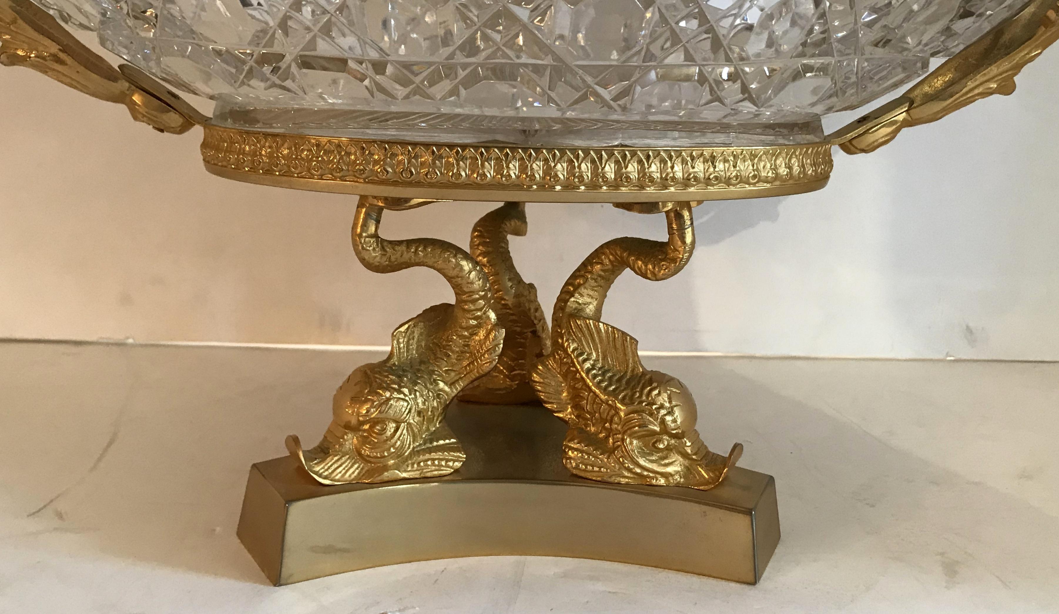 Faceted Wonderful French Doré Bronze Crystal Ormolu Swan Centerpiece Dolphin Pedestal