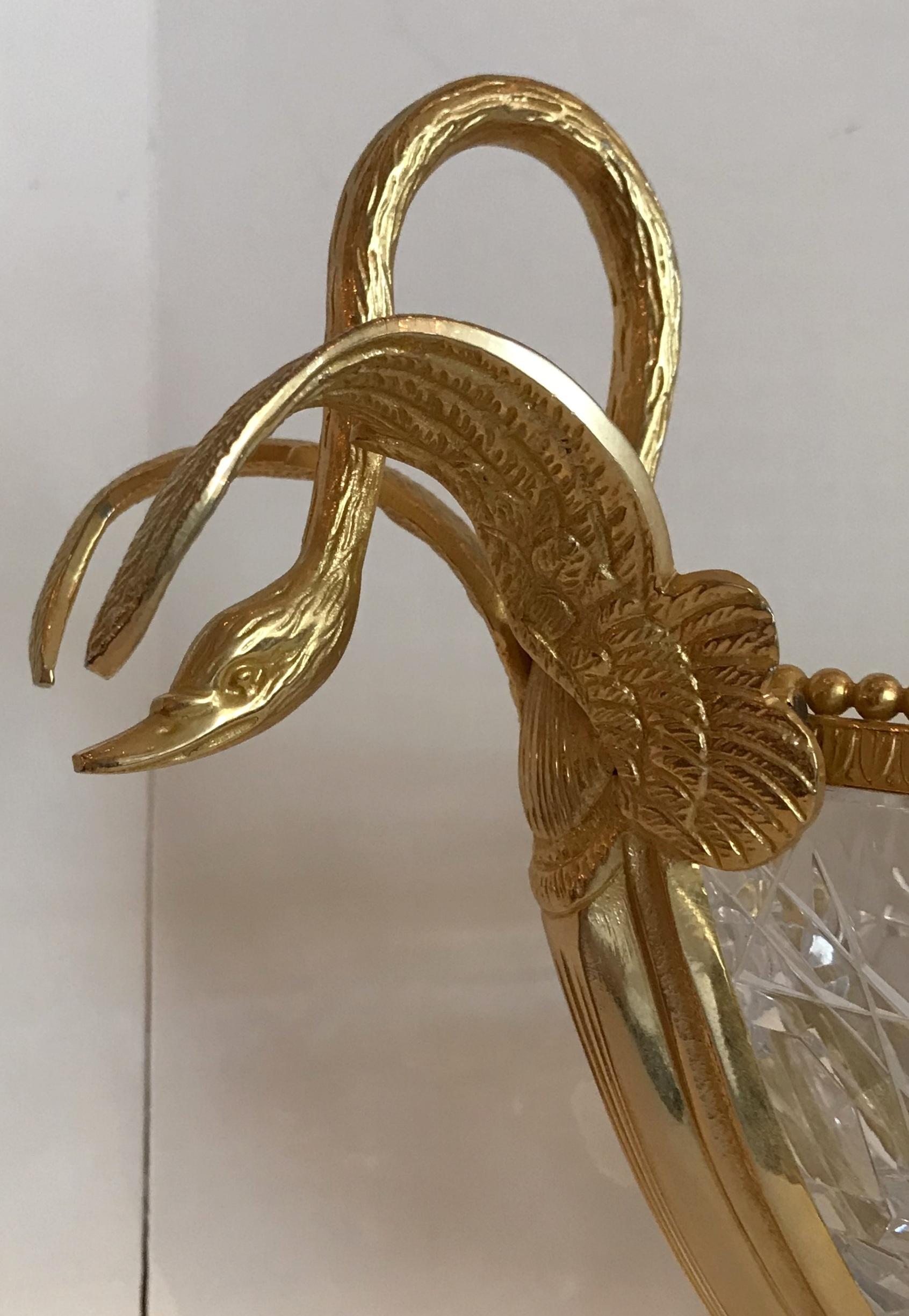 Wonderful French Doré Bronze Crystal Ormolu Swan Centerpiece Dolphin Pedestal In Good Condition In Roslyn, NY