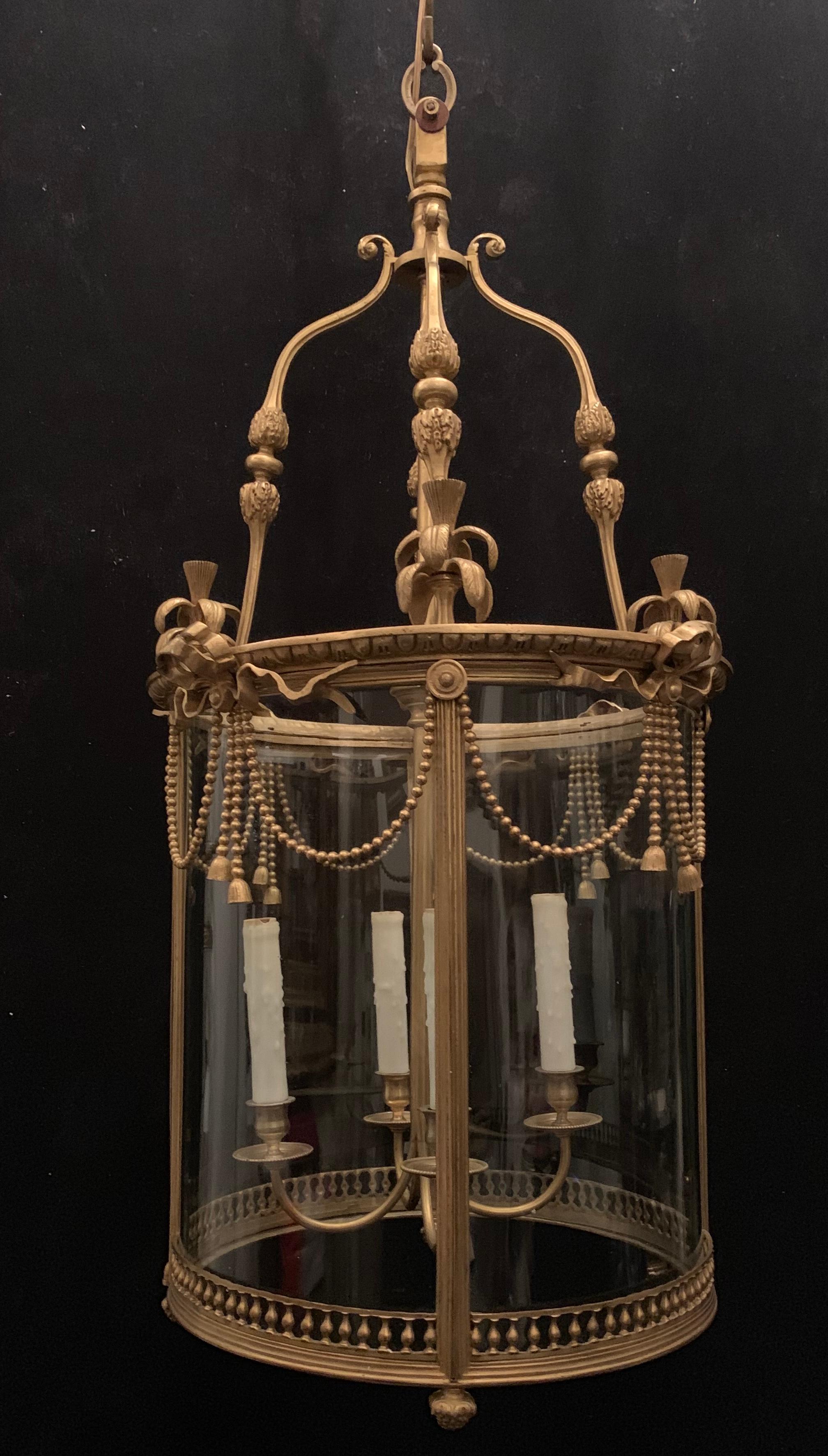 Gilt Wonderful French Dore Bronze Curved Glass Ormolu Bow Swag Tassel Lantern Fixture For Sale