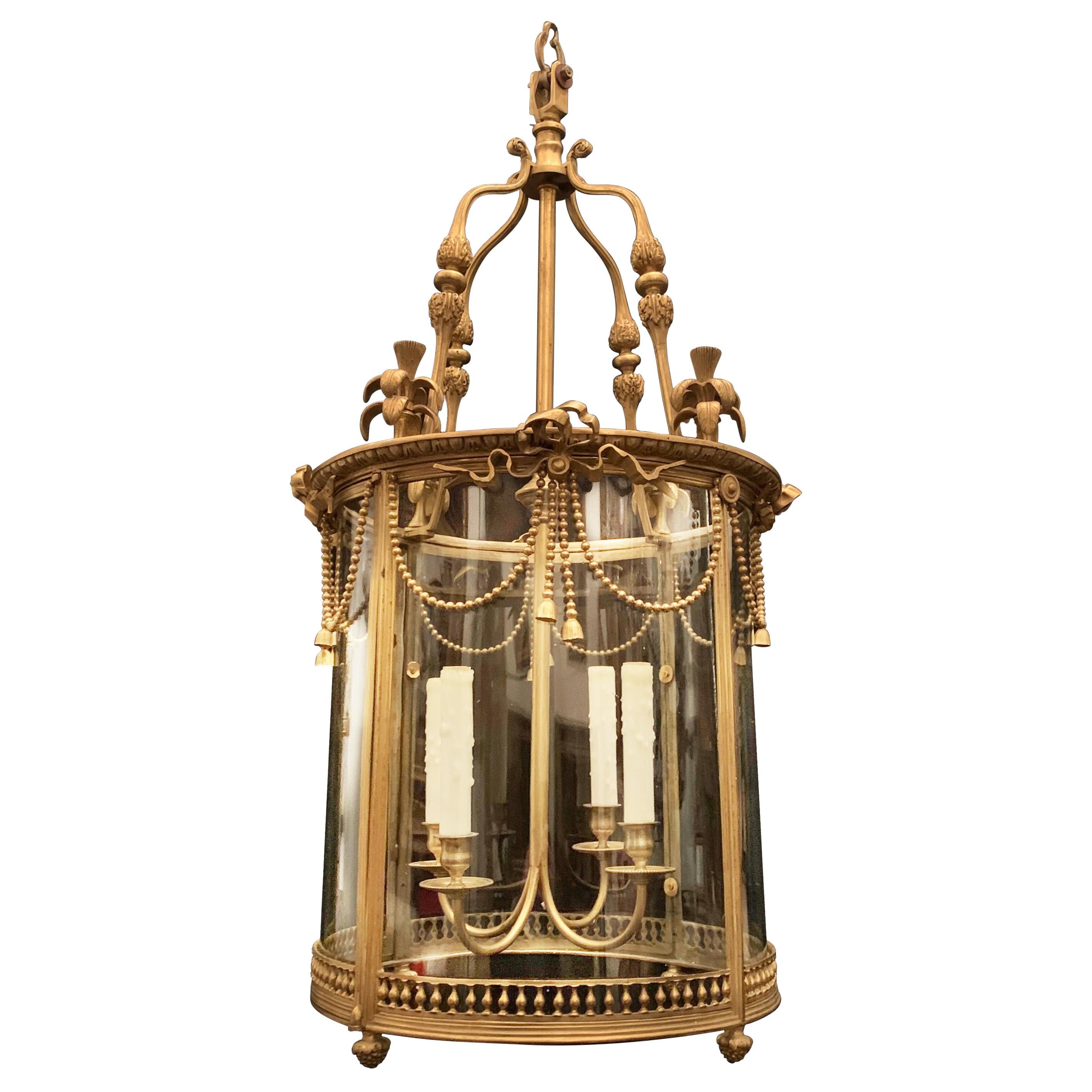 Wonderful French Dore Bronze Curved Glass Ormolu Bow Swag Tassel Lantern Fixture