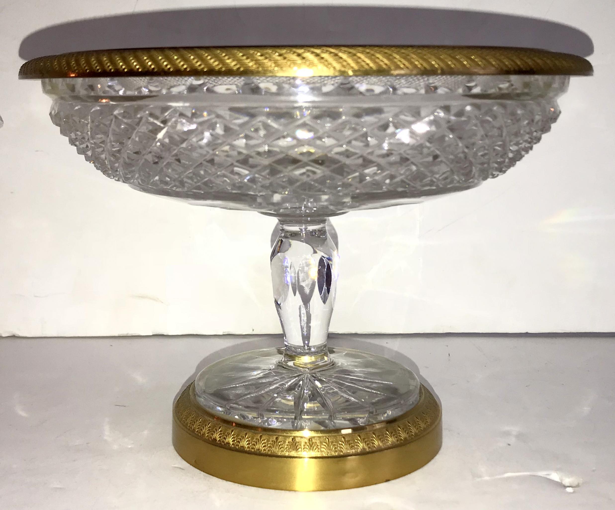 A wonderful French doré bronze and cut crystal ormolu-mounted pedestal bowl in the manner of Baccarat.