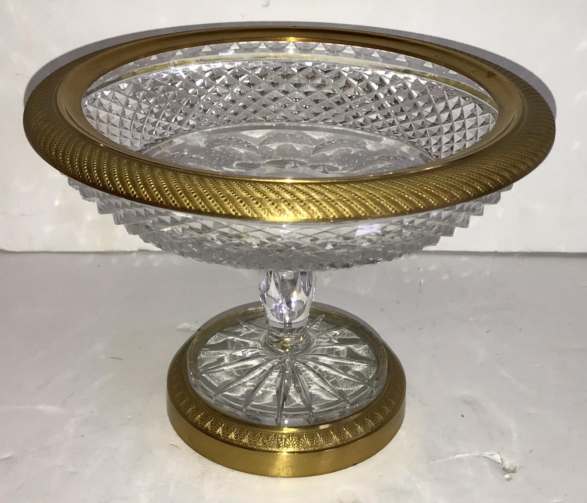 Faceted Wonderful French Doré Bronze Cut Crystal Ormolu Pedestal Bowl Baccarat Compote