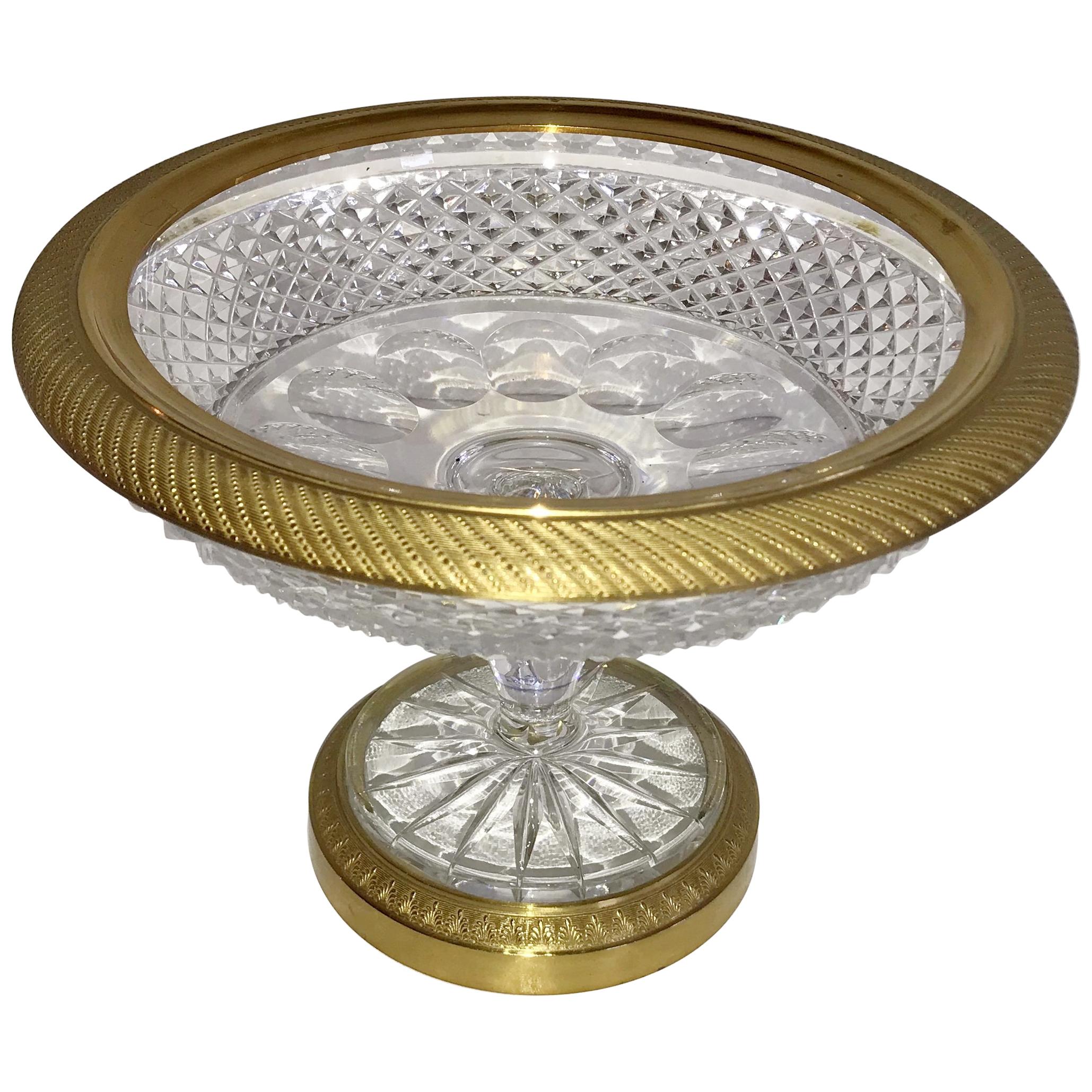 Wonderful French Doré Bronze Cut Crystal Ormolu Pedestal Bowl Baccarat Compote
