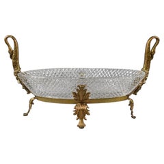 Wonderful French Doré Bronze Cut Crystal Ormolu Swan Large Oval Centerpiece Bowl