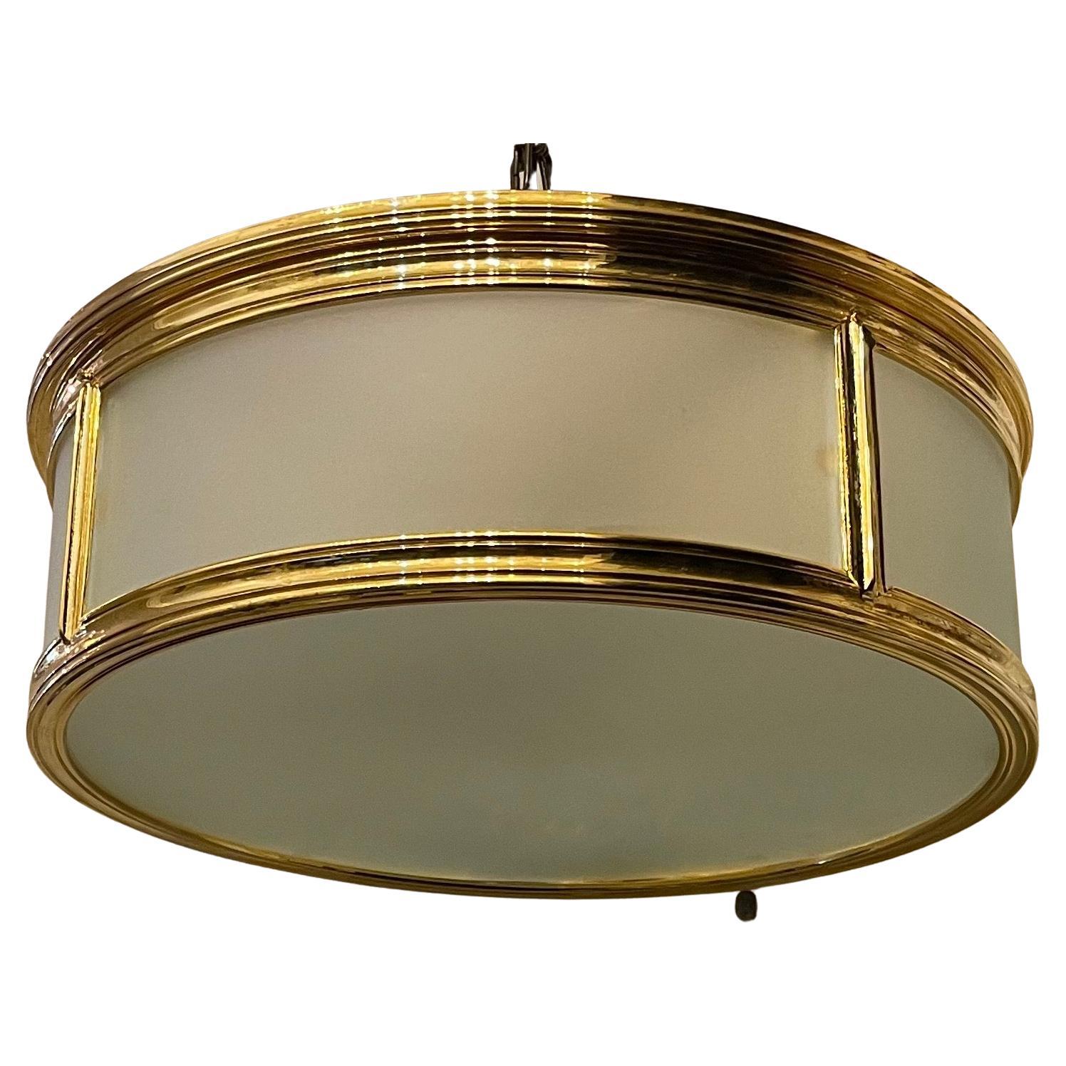 A Wonderful French Polished Dore Bronze & Frosted Blown Bent Glass Cylinder / Drum Form Flush Mount Fixture With 3 Edison Lights Internally with Latched Access Door