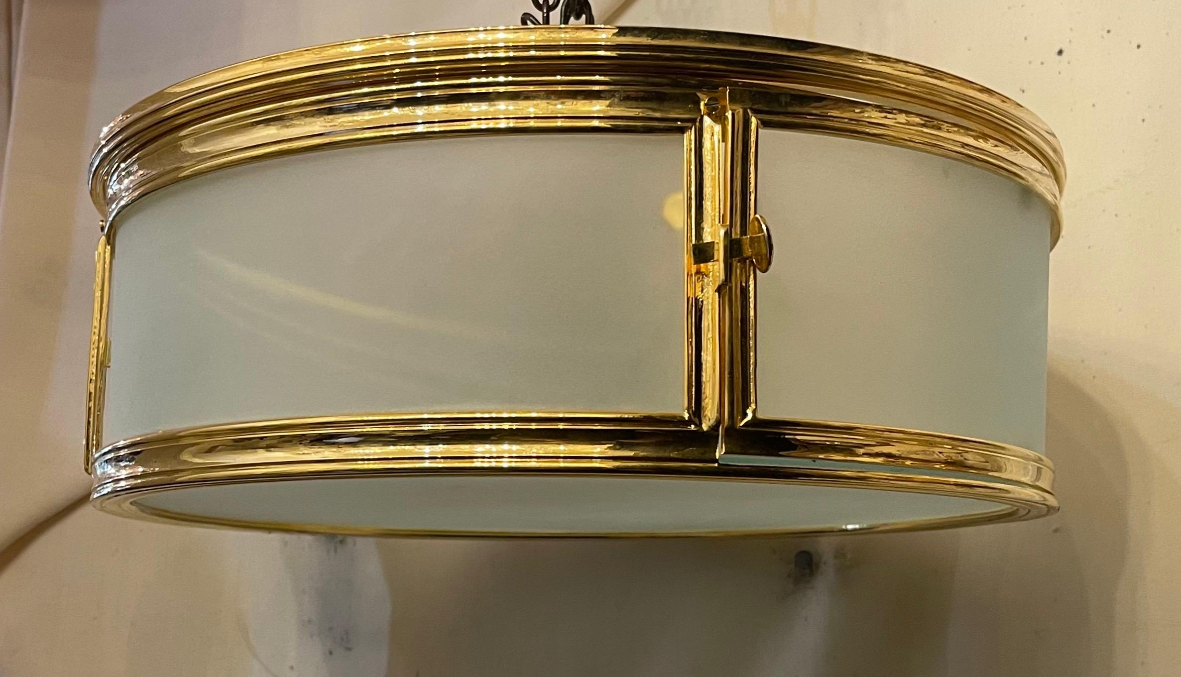 Regency Wonderful French Dore Bronze Frosted Glass Cylinder Drum Flush Mount Fixture For Sale