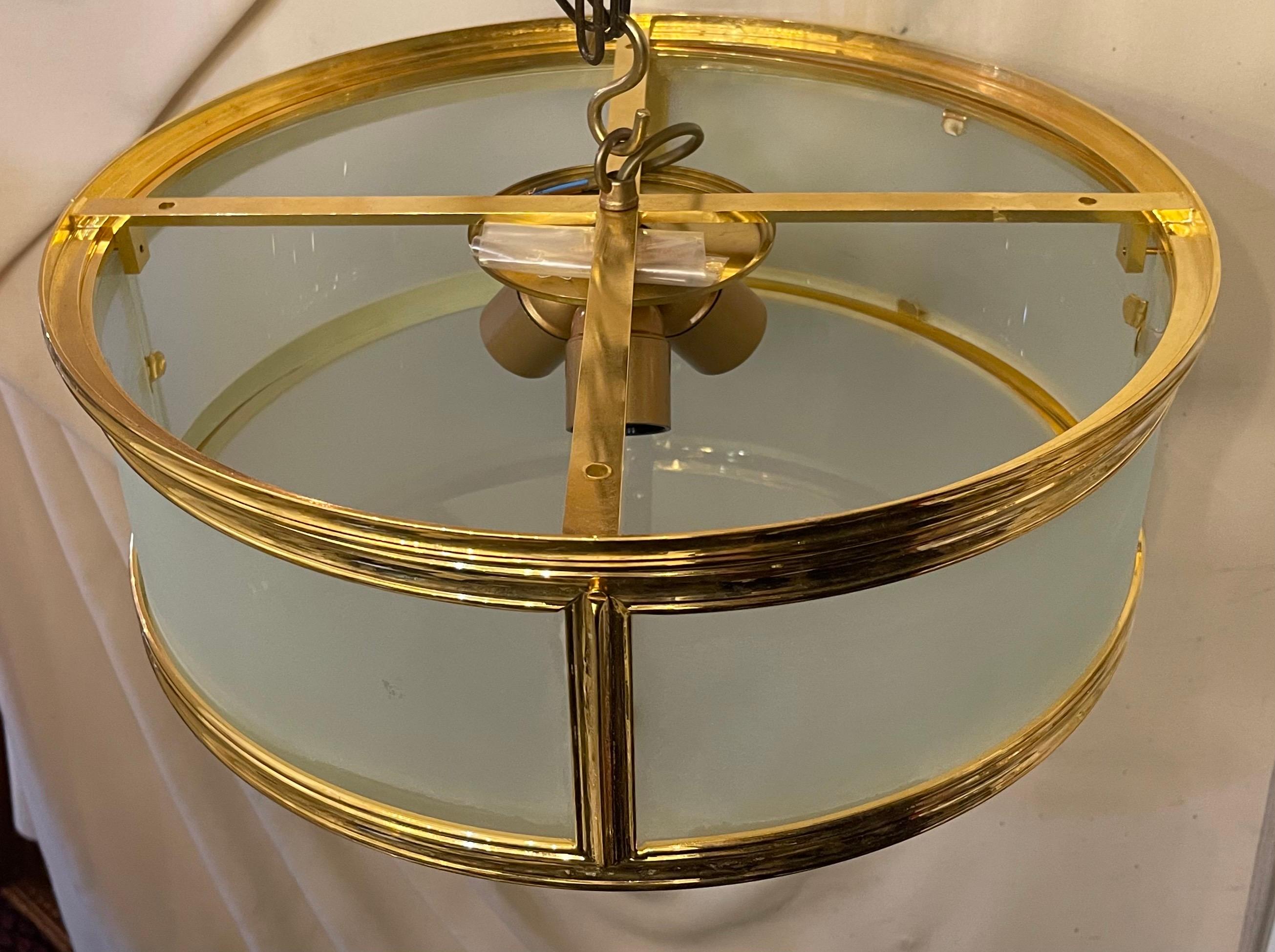 Wonderful French Dore Bronze Frosted Glass Cylinder Drum Flush Mount Fixture In Good Condition For Sale In Roslyn, NY