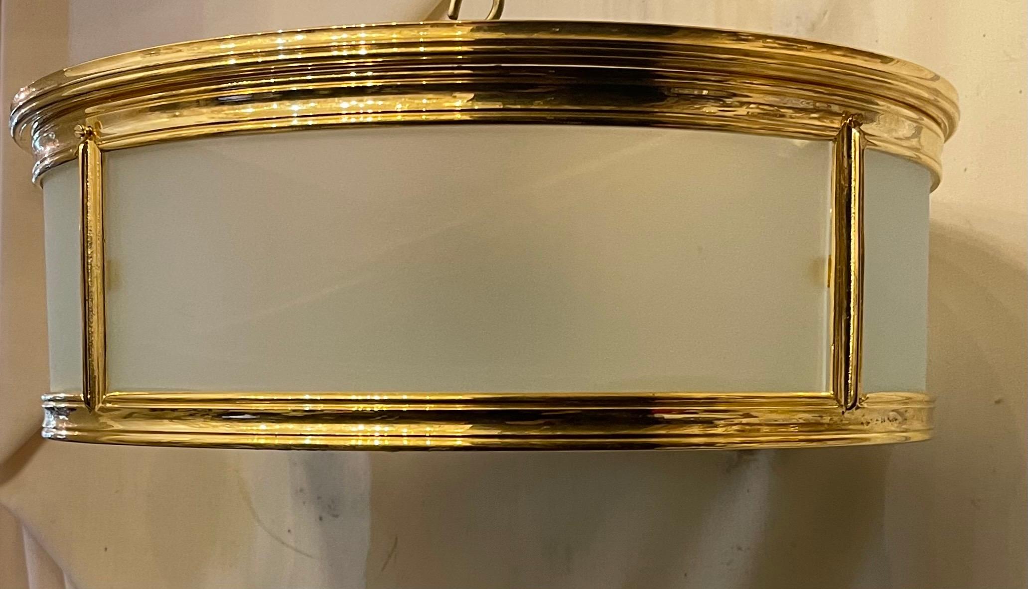 Wonderful French Dore Bronze Frosted Glass Cylinder Drum Flush Mount Fixture For Sale 1