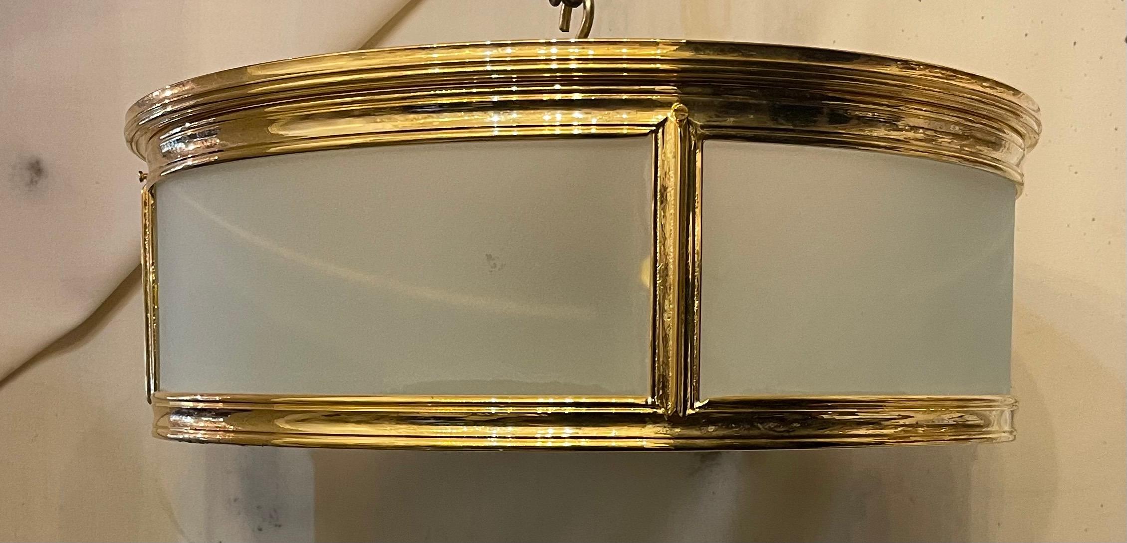 Wonderful French Dore Bronze Frosted Glass Cylinder Drum Flush Mount Fixture For Sale 2