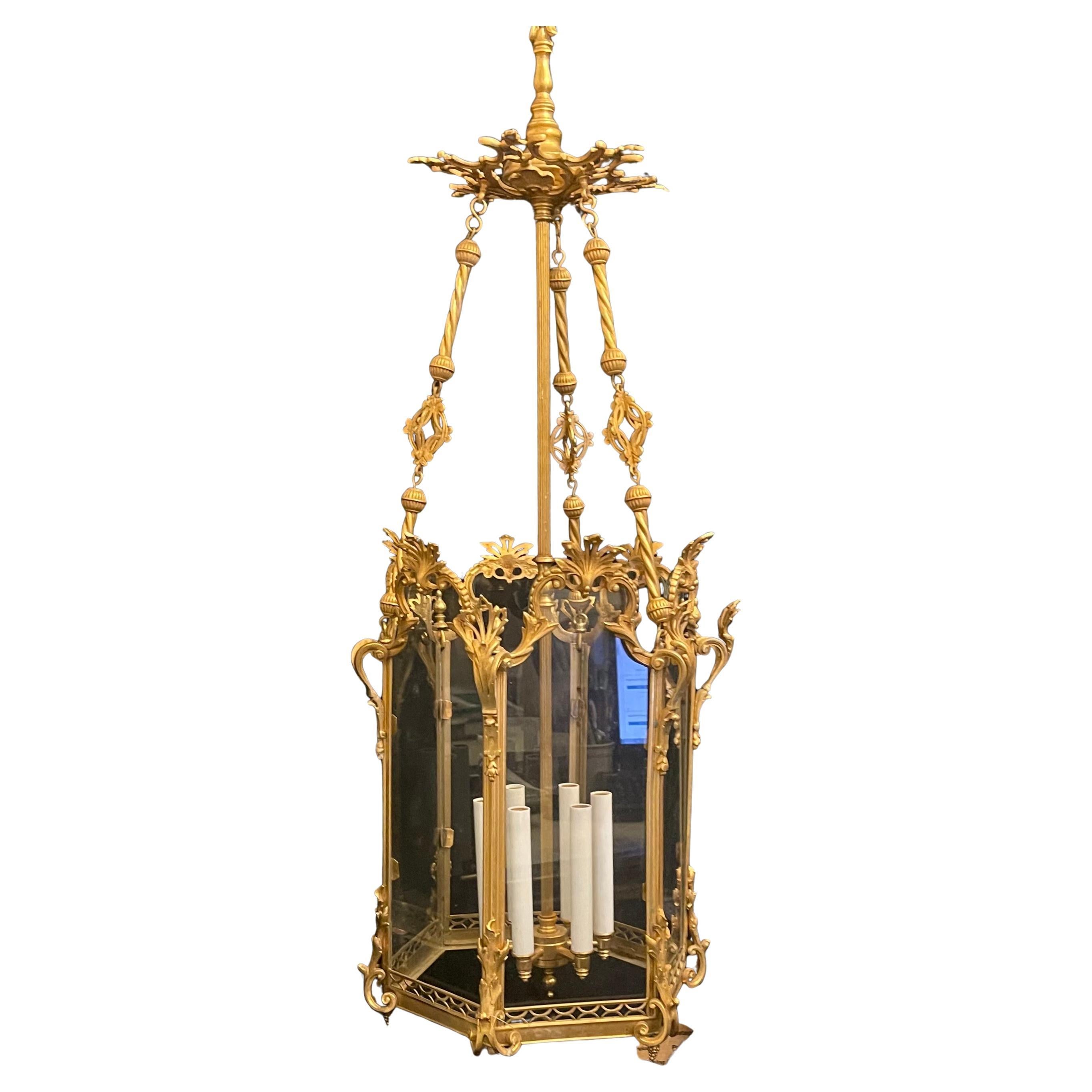 Wonderful French Dore Bronze Louis XV Large Hexagon Lantern Pendent Fixture For Sale