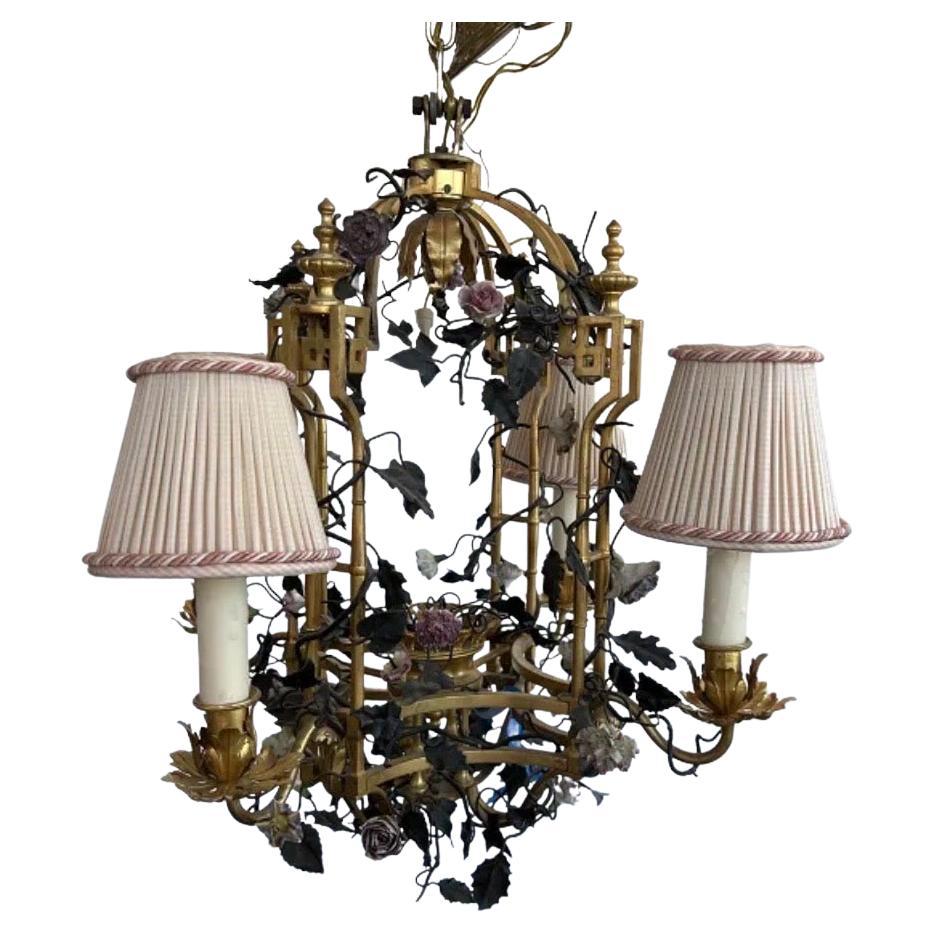 A Wonderful Quality French Dore Bronze Louis XV Style With Porcelain Flowers Basket Form 4 Candelabra Light Chandelier Accompanied By Stripe Shades.
