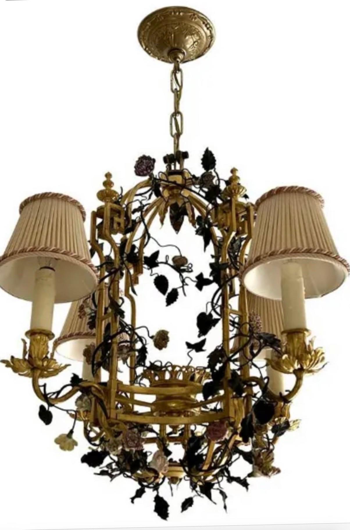 20th Century Wonderful French Dore Bronze Louis XV Porcelain Flowers Basket Chandelier For Sale