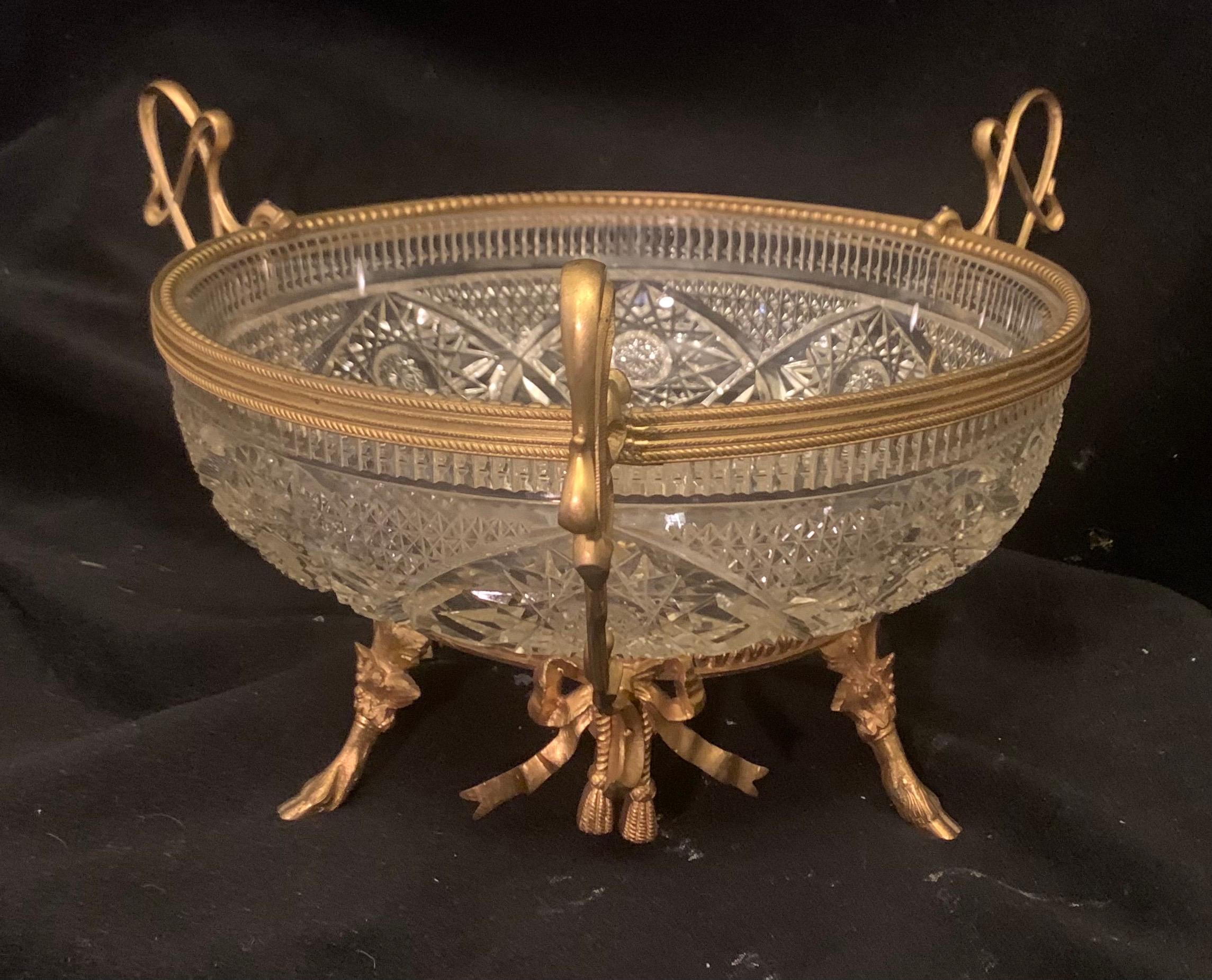 A wonderful French doré bronze ormolu bow and tassel, cut crystal centerpiece / bowl / basket.