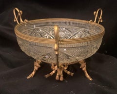 Wonderful French Doré Bronze Ormolu Bow Tassel Crystal Centerpiece Bowl Basket